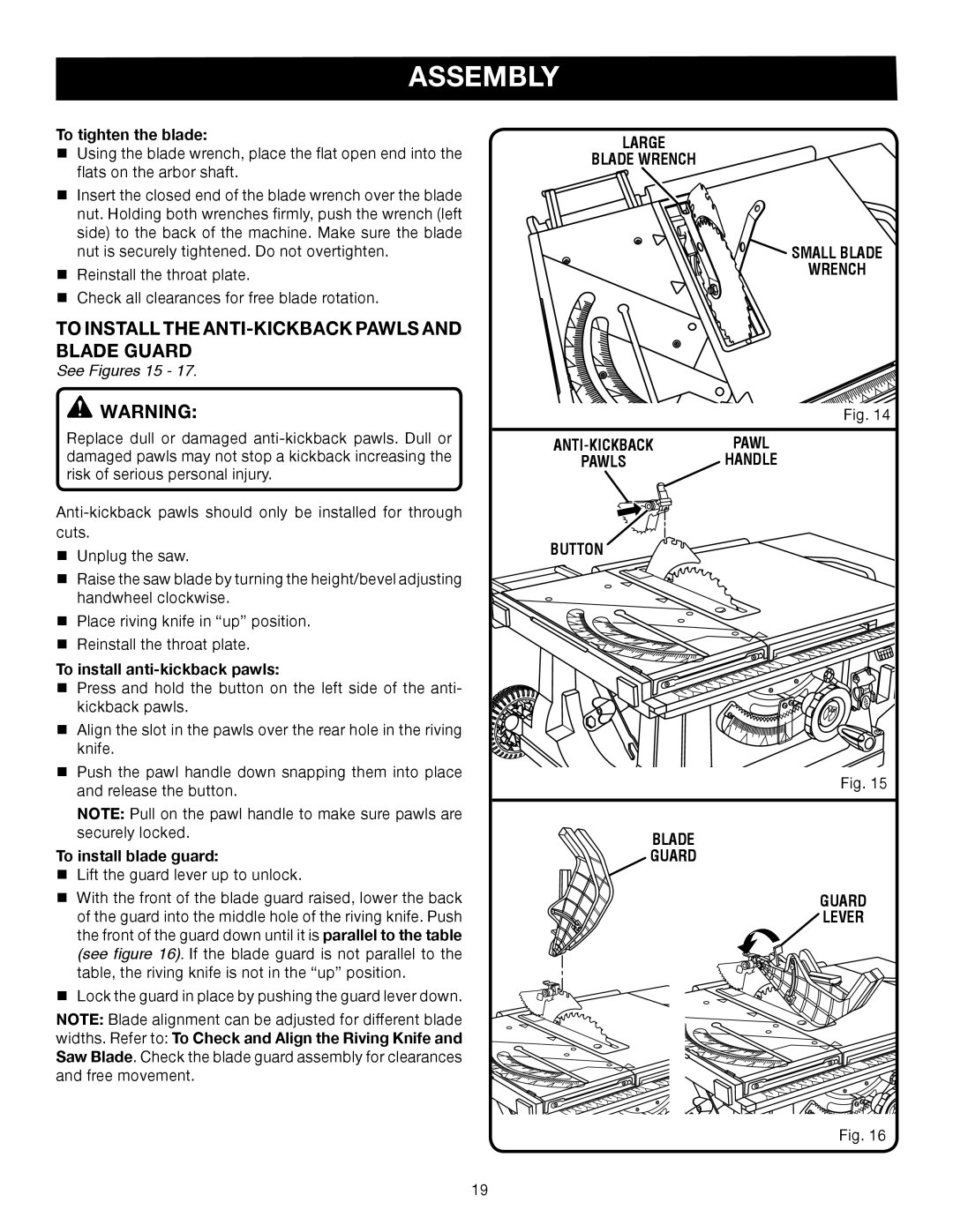 Ryobi RTS31 manual To Install the ANTI-KICKBACK Pawls and Blade Guard, See Figures 15, Large, Wrench, Lever 