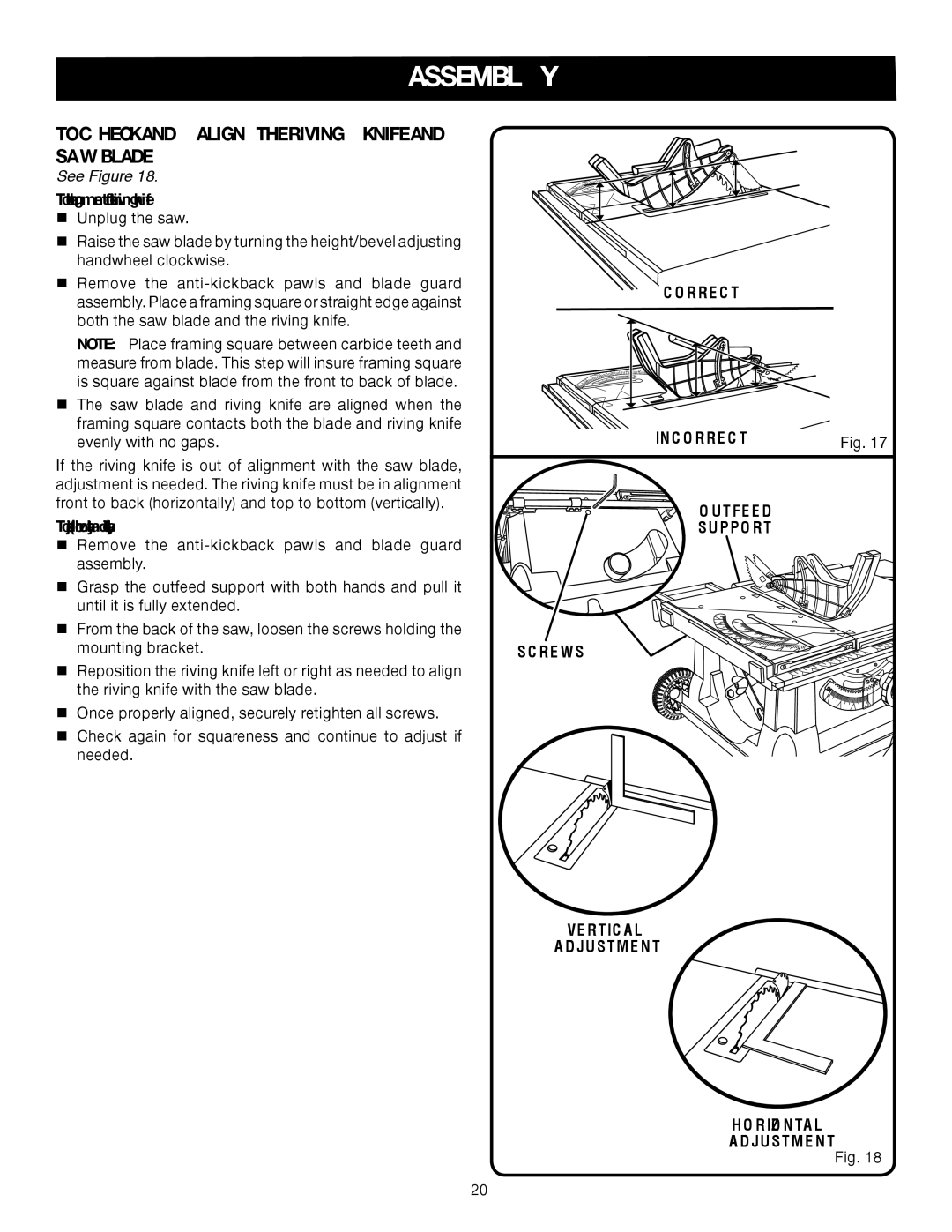 Ryobi RTS31 manual To Check and Align the riving knife Saw Blade, Vertical Adjustment 