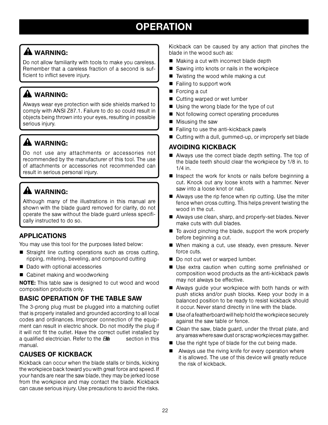 Ryobi RTS31 manual Applications, Basic Operation of the Table Saw, Causes of Kickback, Avoiding Kickback 