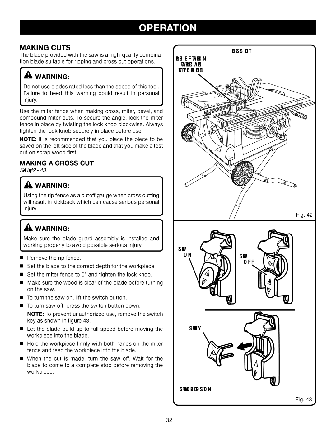 Ryobi RTS31 manual Making a cross cut, See Figures 42, Cross CUT Place Left Hand on Workpiece, Miter fence Here 