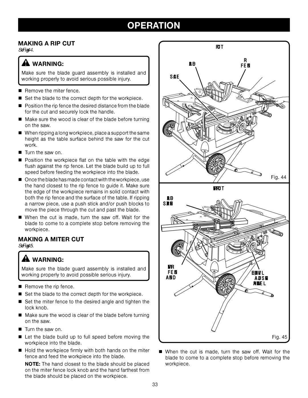 Ryobi RTS31 manual Making a RIP cut, Making a miter cut, RIP CUT Bladefence Scale Miter CUT Straight 