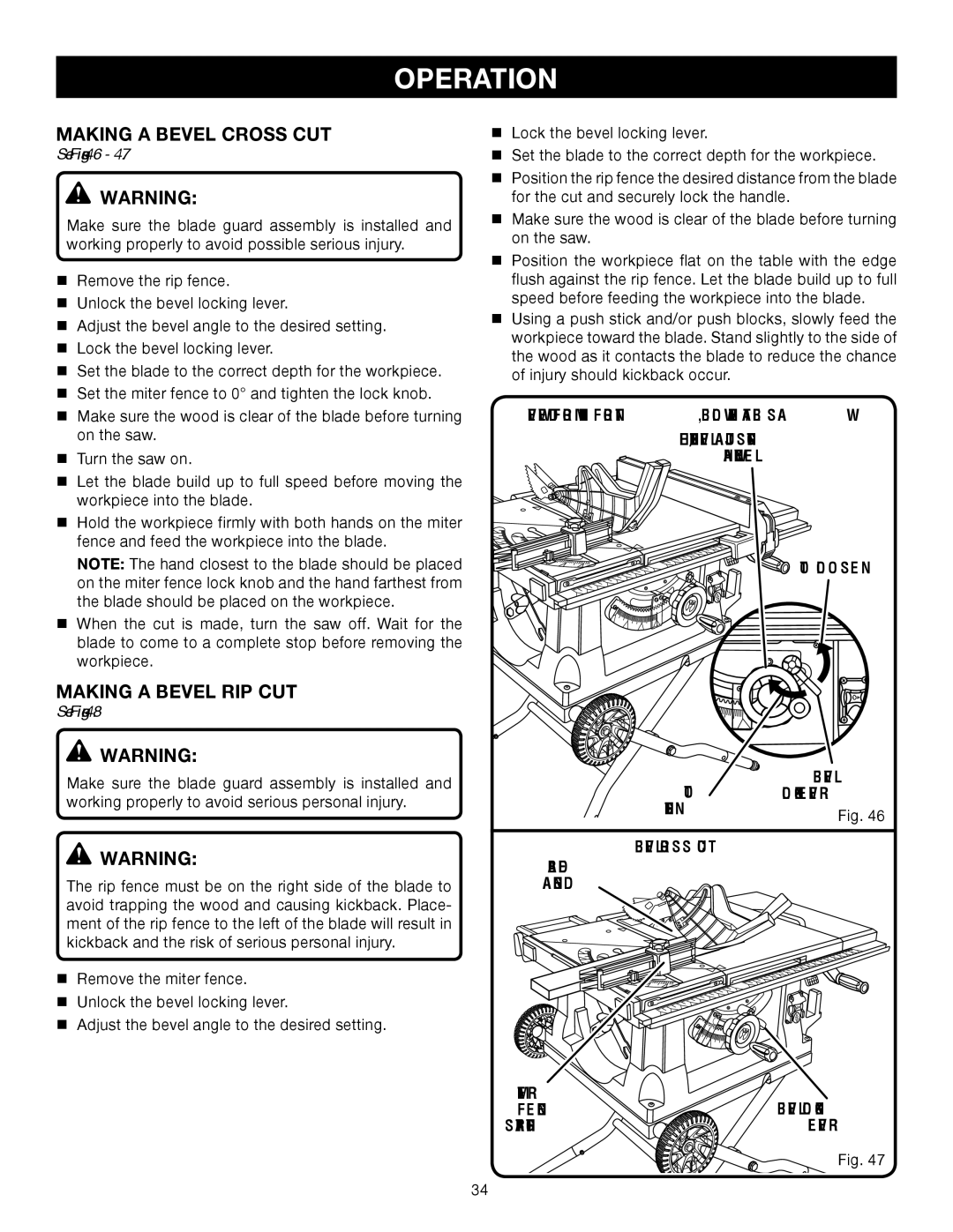 Ryobi RTS31 manual Making a bevel cross cut, Making a bevel rip cut, See Figures 46, Bevel, Blade Angled 