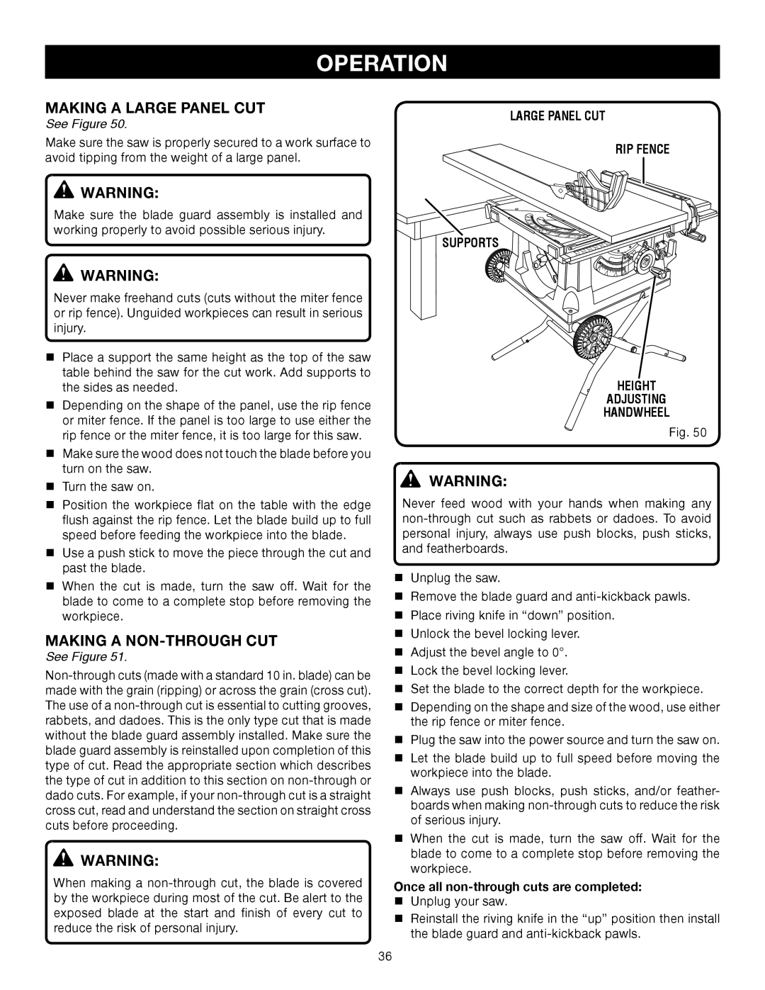 Ryobi RTS31 manual Making a Large Panel cut, Making a NON-THROUGH cut, Large Panel CUT RIP Fence, Adjusting Handwheel 