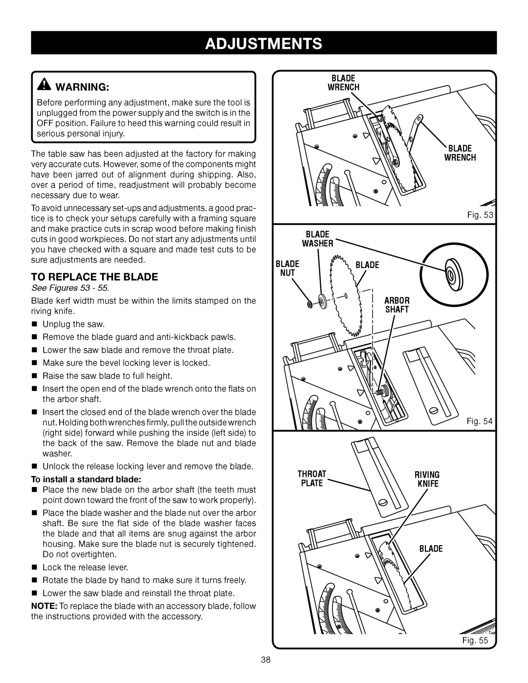 Ryobi RTS31 manual Adjustments, To REPLACe the Blade, See Figures 53 