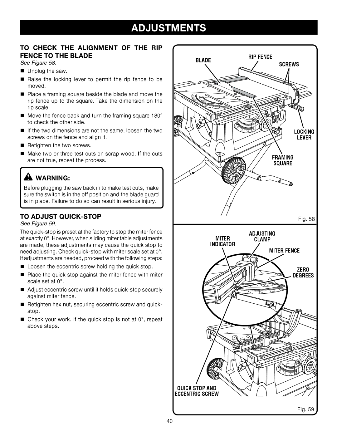 Ryobi RTS31 manual To Check the Alignment of the RIP Fence to the Blade, To adjust Quick-Stop 