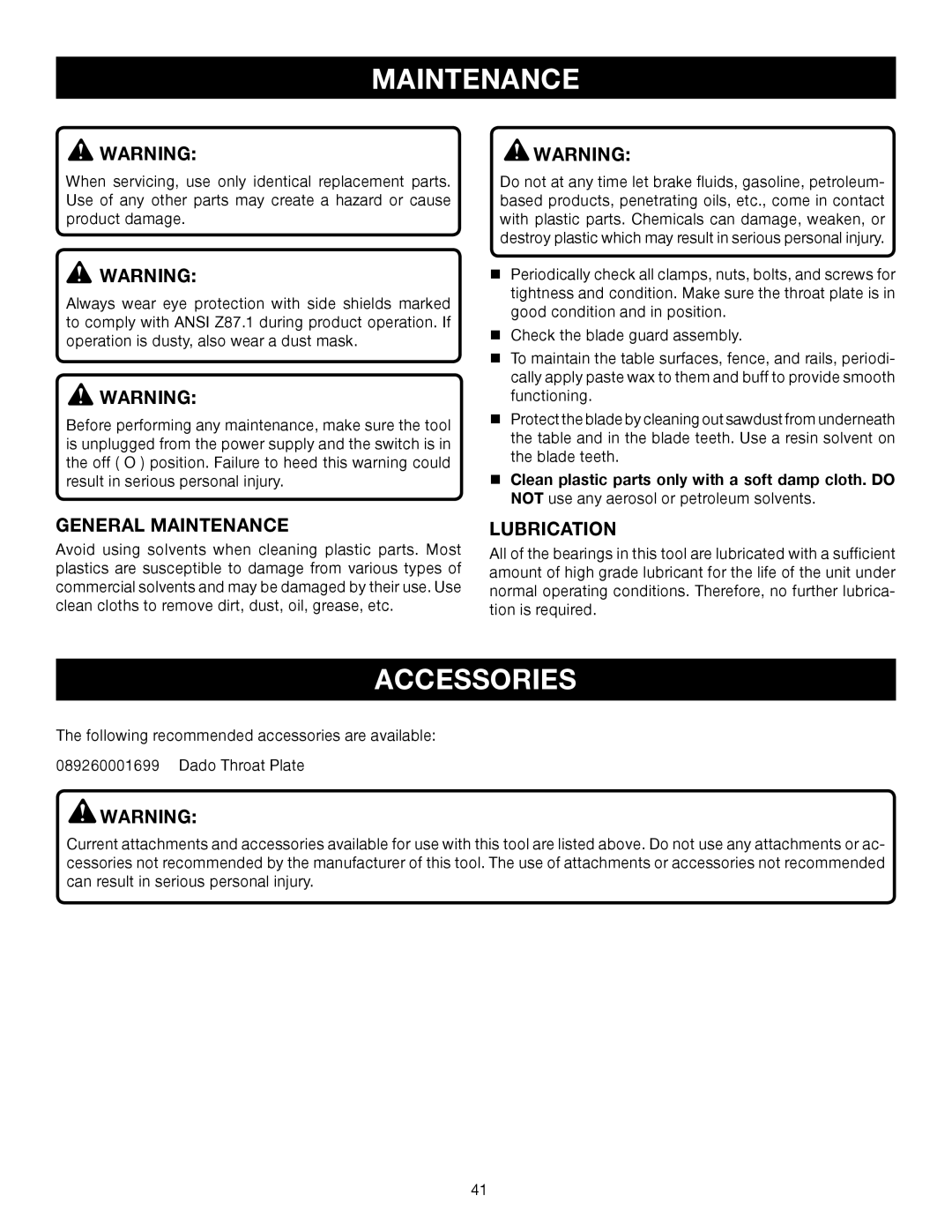 Ryobi RTS31 manual Accessories, General Maintenance, Lubrication 