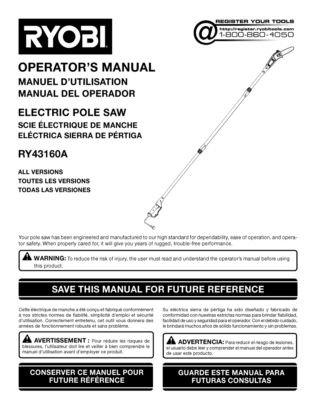 Ryobi RY 43160A manuel dutilisation Save this Manual for Future Reference 