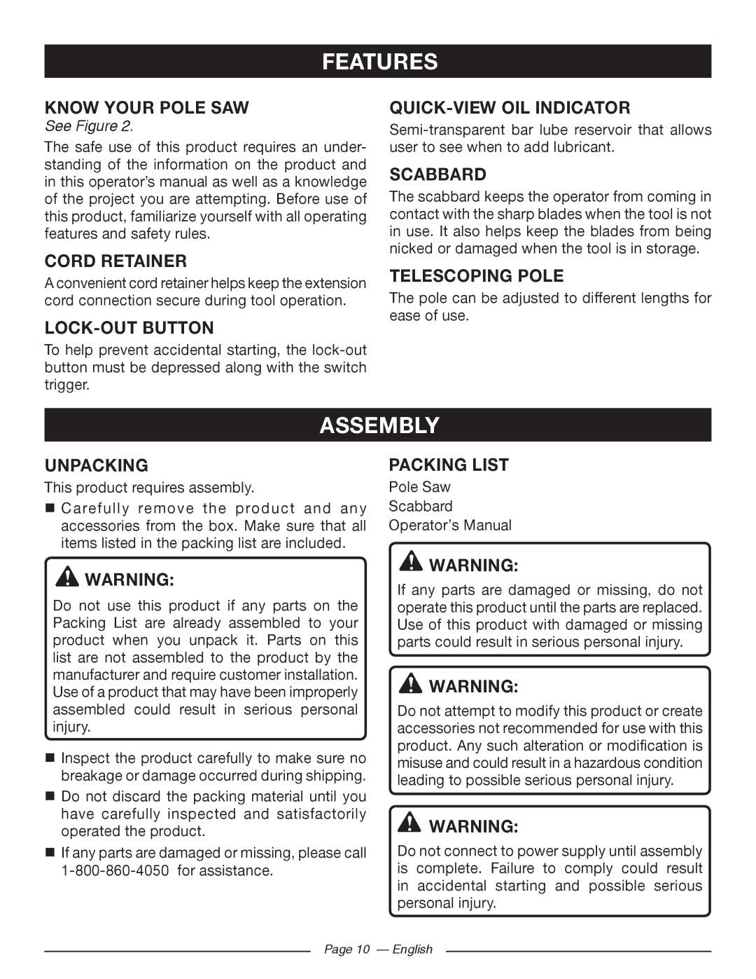 Ryobi RY 43160A manuel dutilisation Features, Assembly 