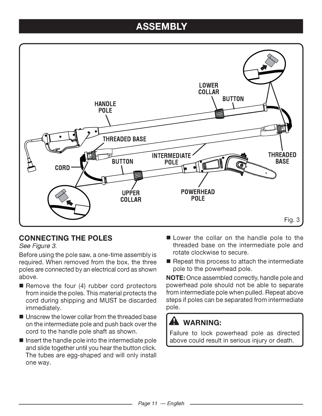 Ryobi RY 43160A manuel dutilisation Connecting the Poles, Lower Collar Handle Pole Button, Cord Upperpowerhead Collarpole 