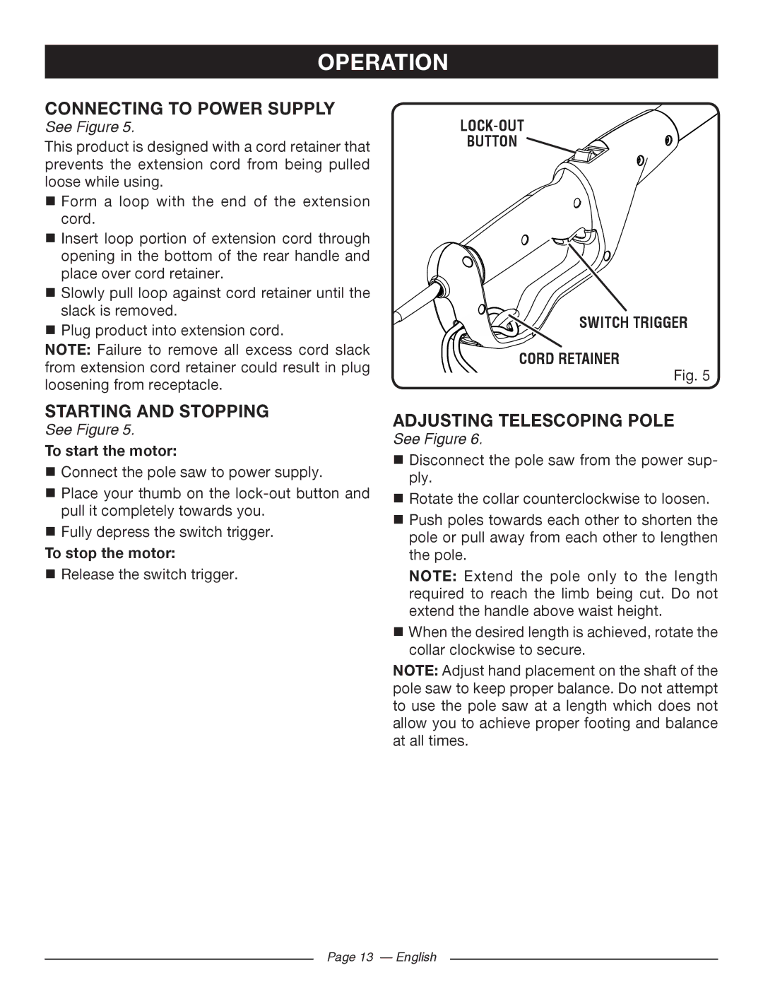 Ryobi RY 43160A manuel dutilisation Connecting to Power Supply, Starting and Stopping, Adjusting Telescoping Pole 