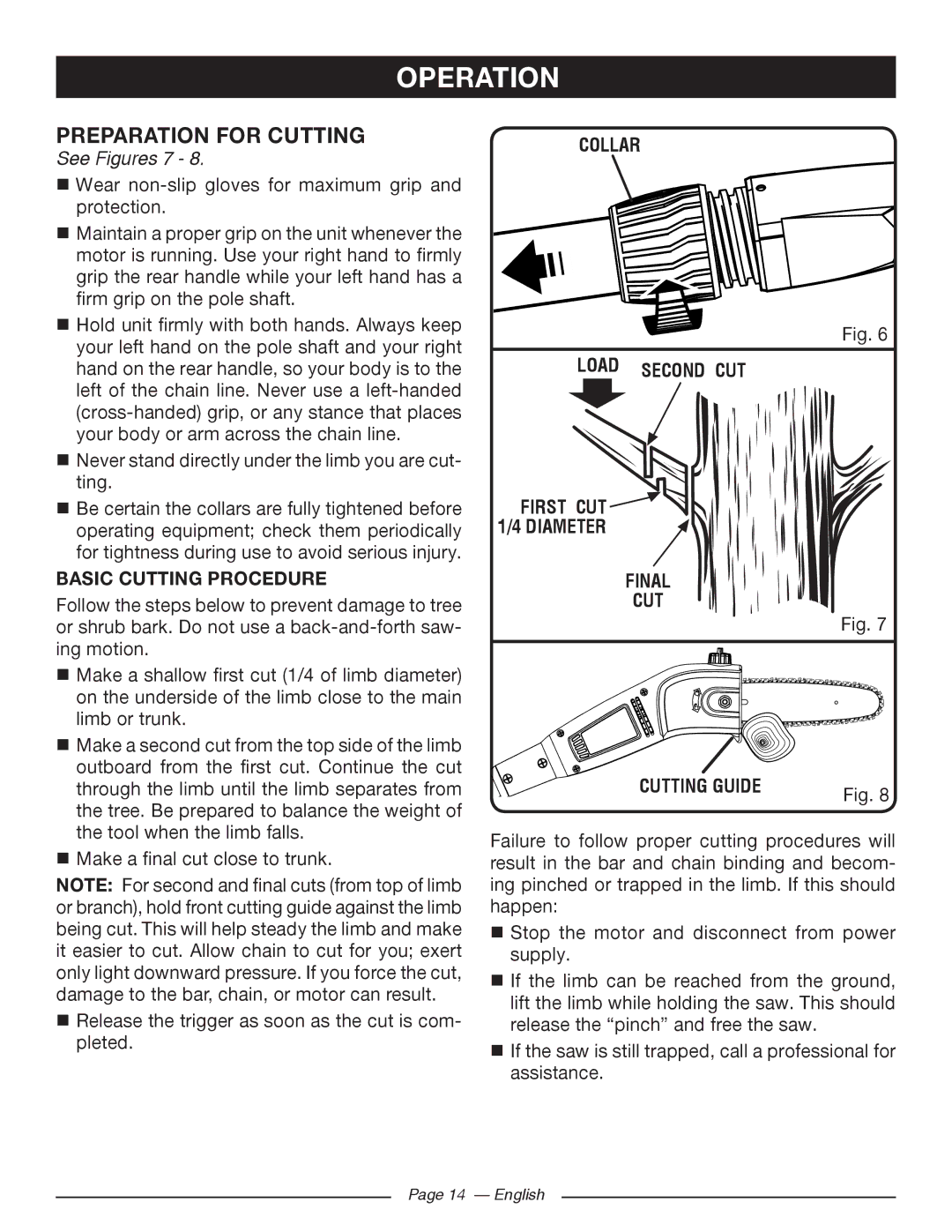 Ryobi RY 43160A Preparation for Cutting, See Figures 7, BASIC Cutting Procedure, Collar Load Second CUT 