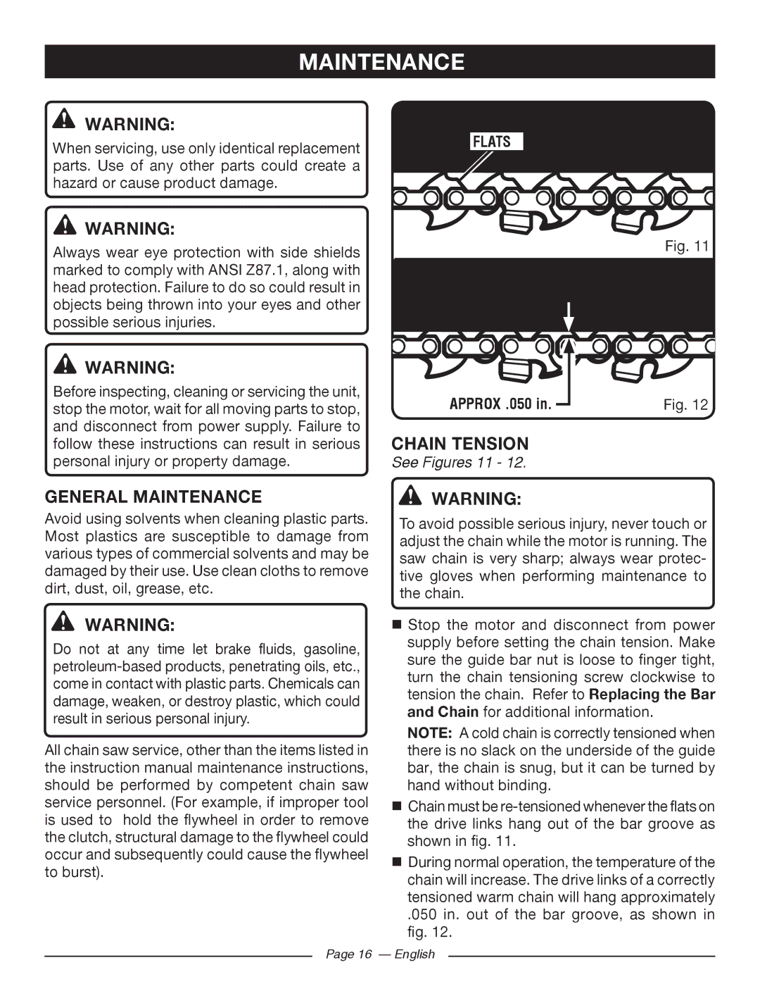 Ryobi RY 43160A manuel dutilisation Chain Tension, General Maintenance, Flats, See Figures 11 