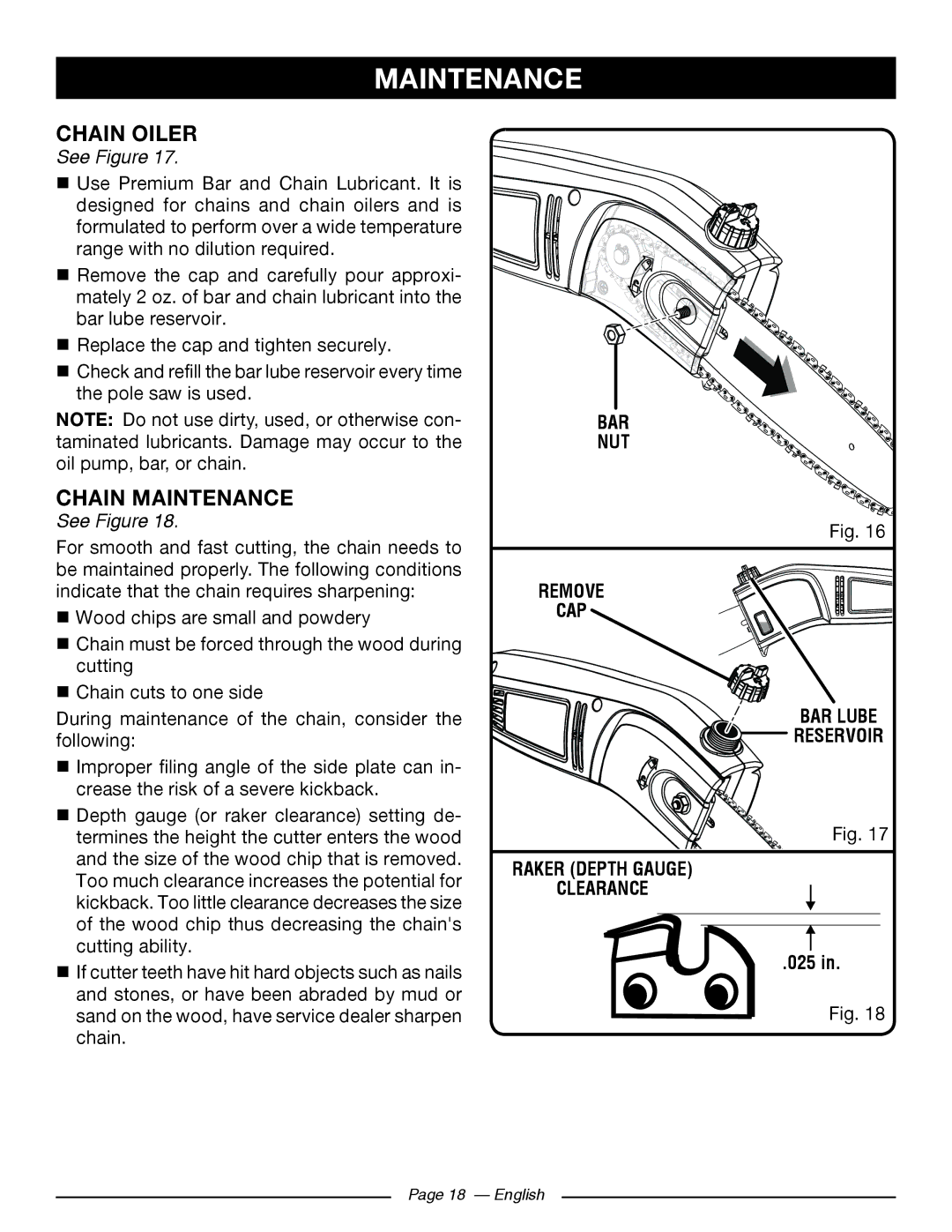 Ryobi RY 43160A Chain Oiler, Chain Maintenance, BAR NUT Remove CAP BAR Lube, Raker Depth Gauge Clearance, 025 