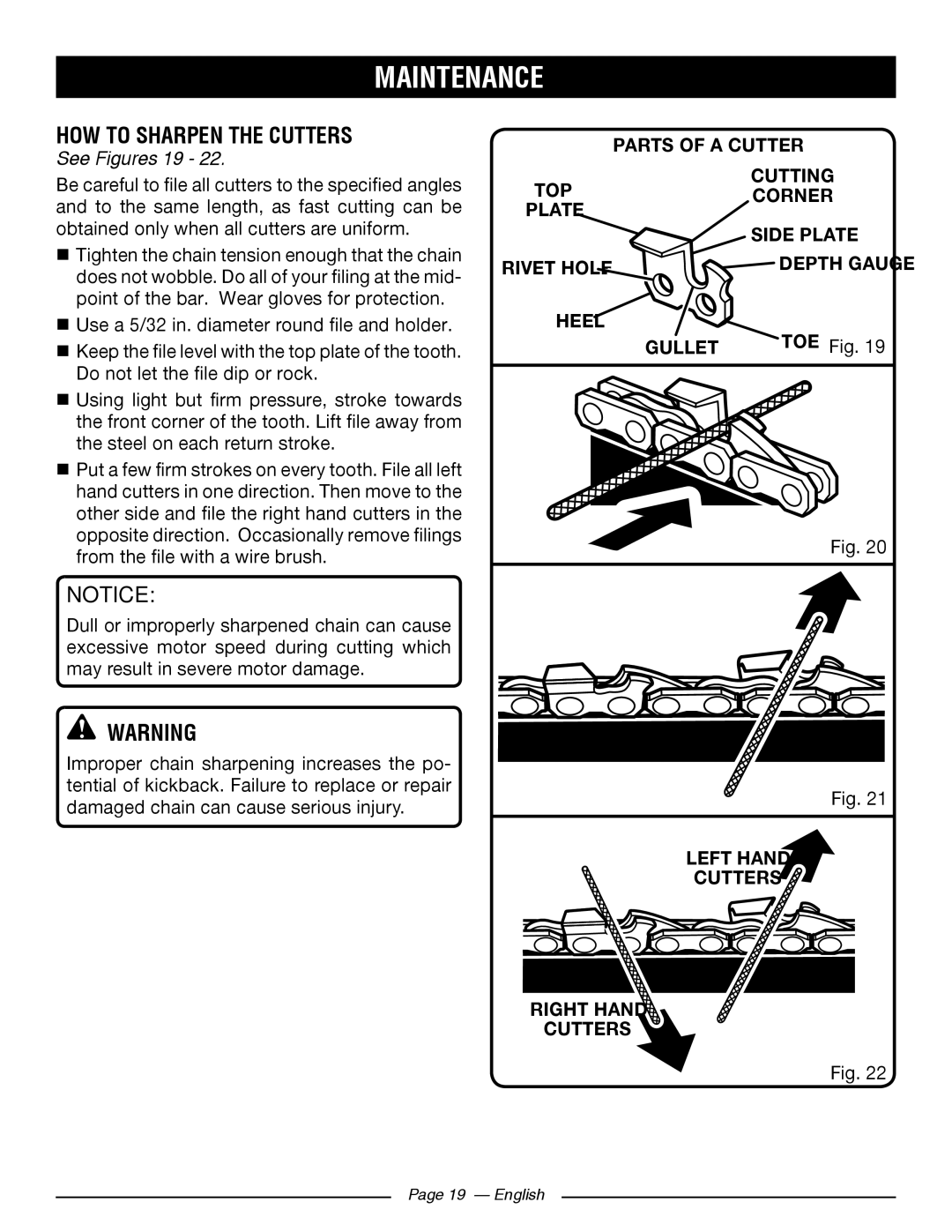 Ryobi RY 43160A HOW to Sharpen the Cutters, See Figures 19, TOE Fig, Gullet, Left Hand Cutters Right Hand 