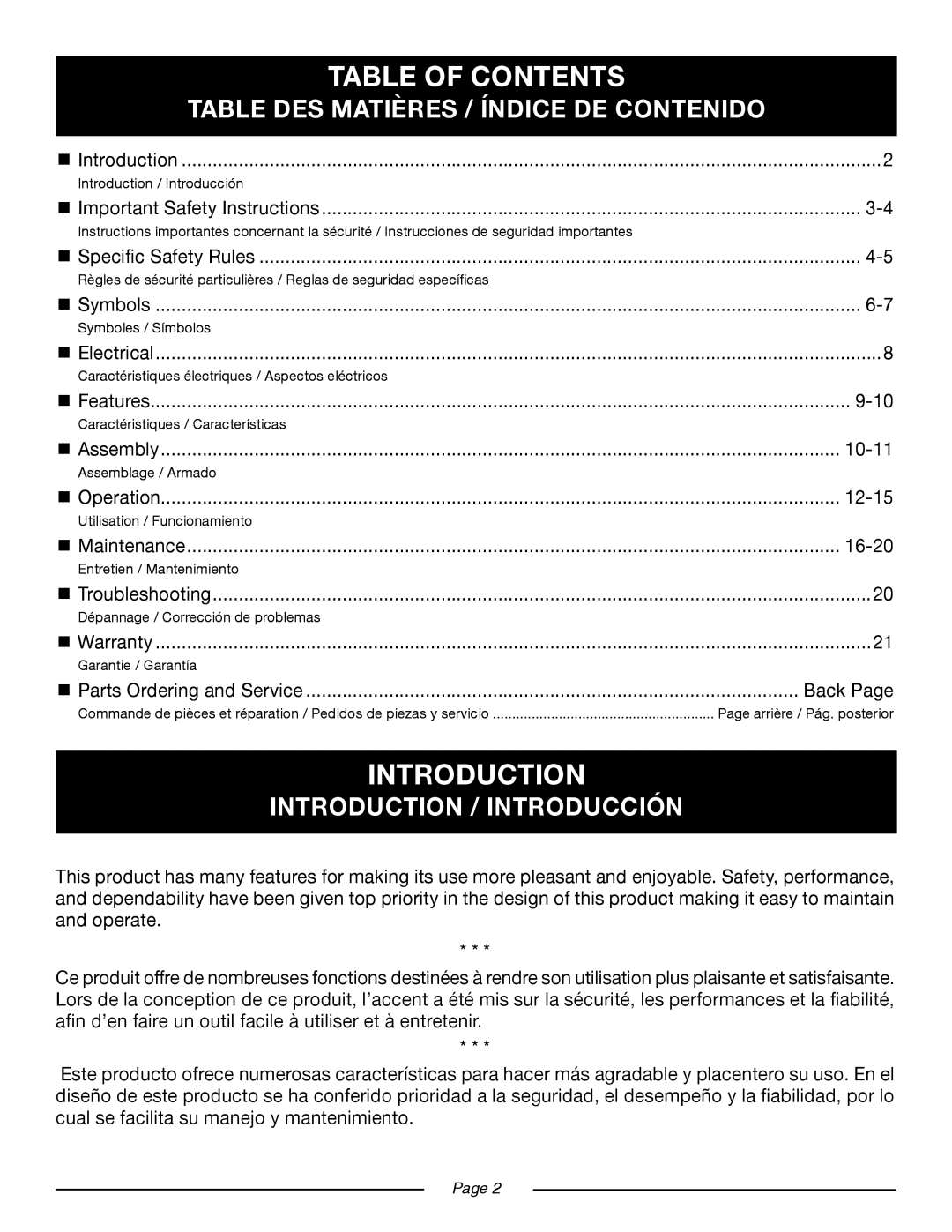 Ryobi RY 43160A manuel dutilisation Introduction, Table of Contents 