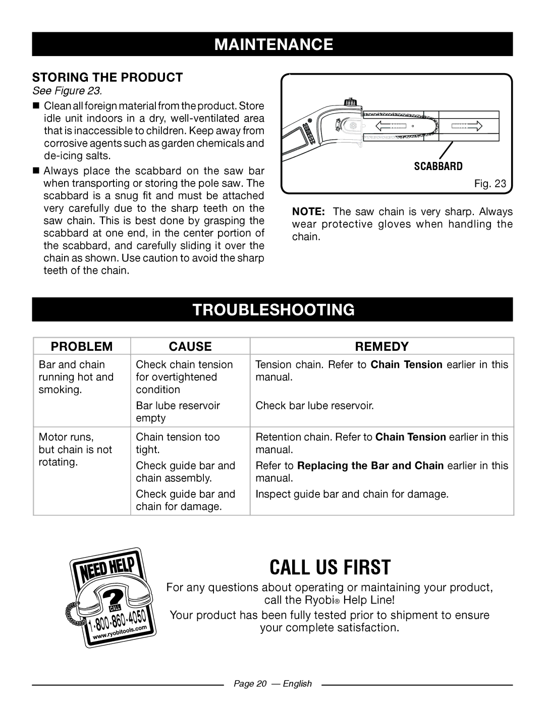 Ryobi RY 43160A manuel dutilisation Troubleshooting, Storing the Product, Problem Cause Remedy 