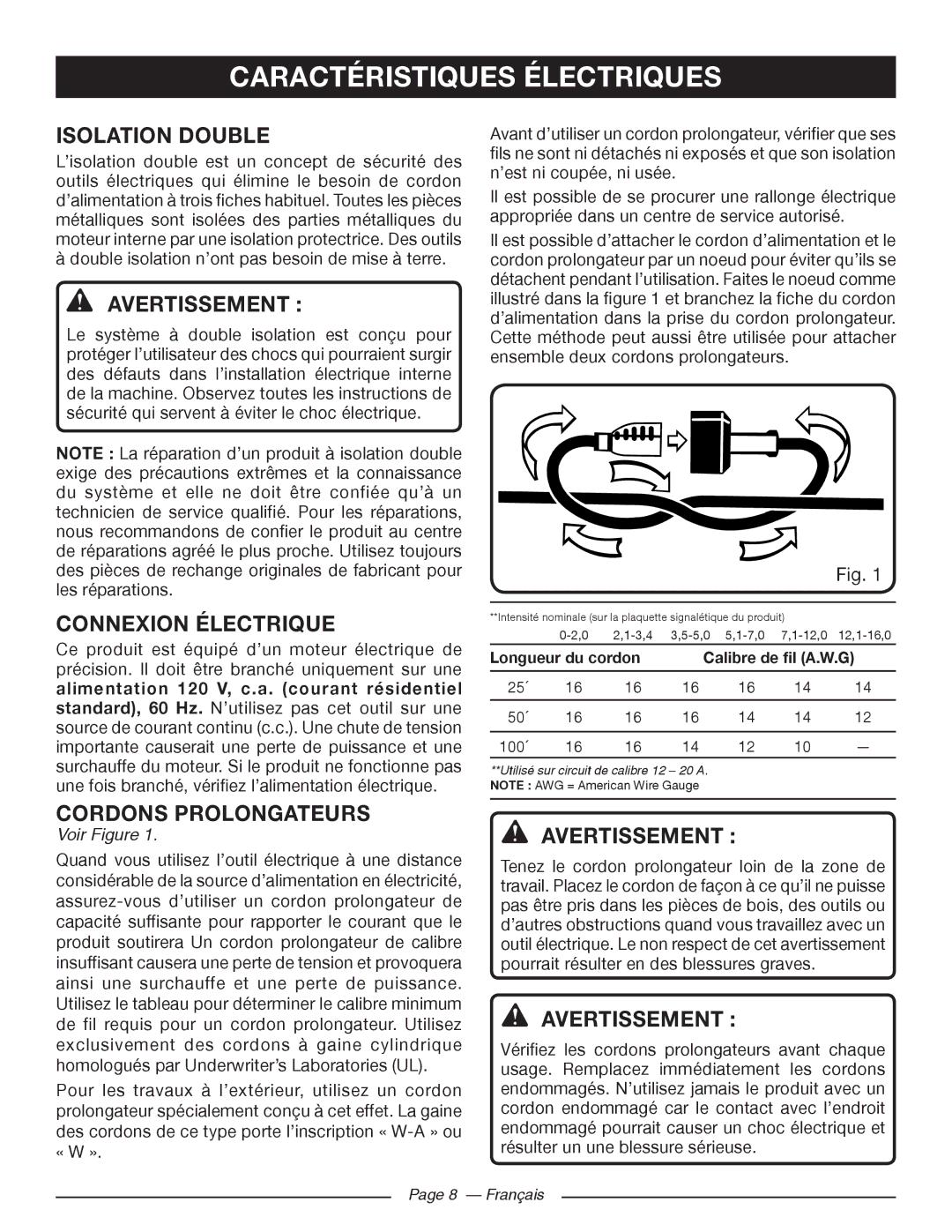 Ryobi RY 43160A Caractéristiques Électriques, Isolation Double, Avertissement, Connexion Électrique, Cordons Prolongateurs 