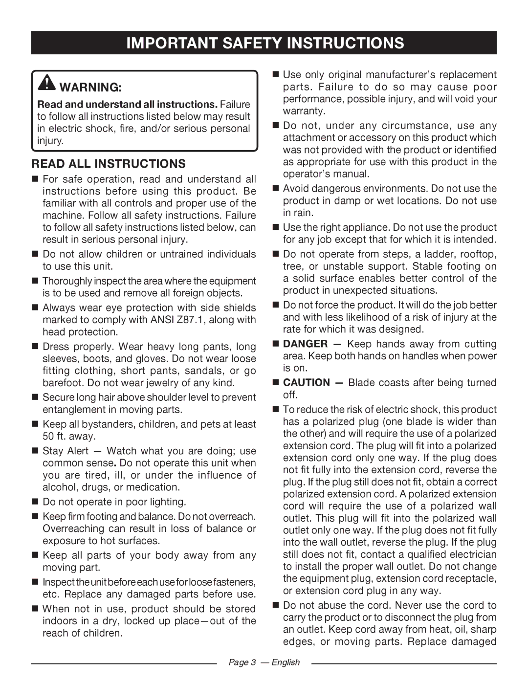 Ryobi RY 43160A manuel dutilisation Important Safety Instructions, Read ALL Instructions 