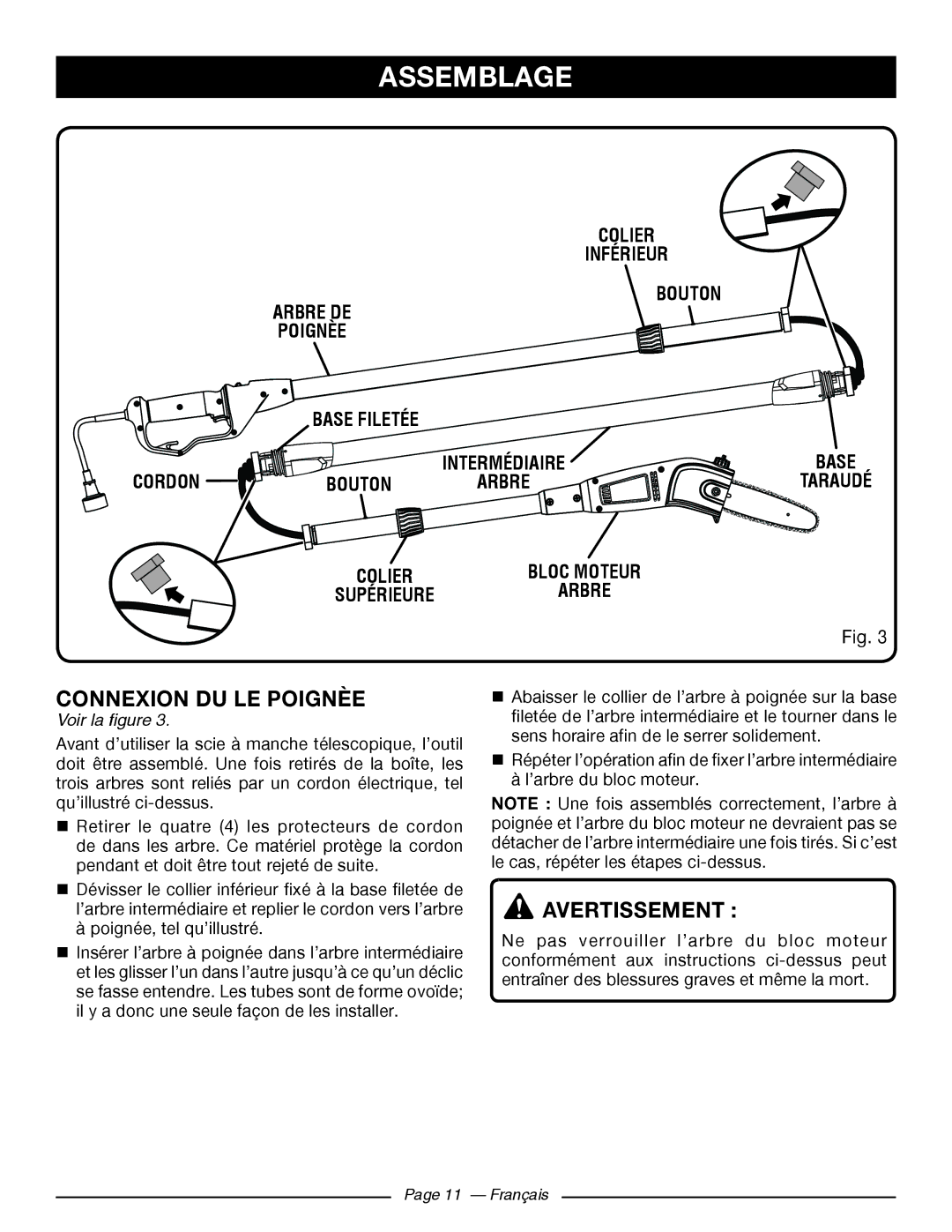 Ryobi RY 43160A manuel dutilisation Connexion DU LE Poignèe, Colier Inférieur Bouton Arbre DE Poignèe Base Filetée 