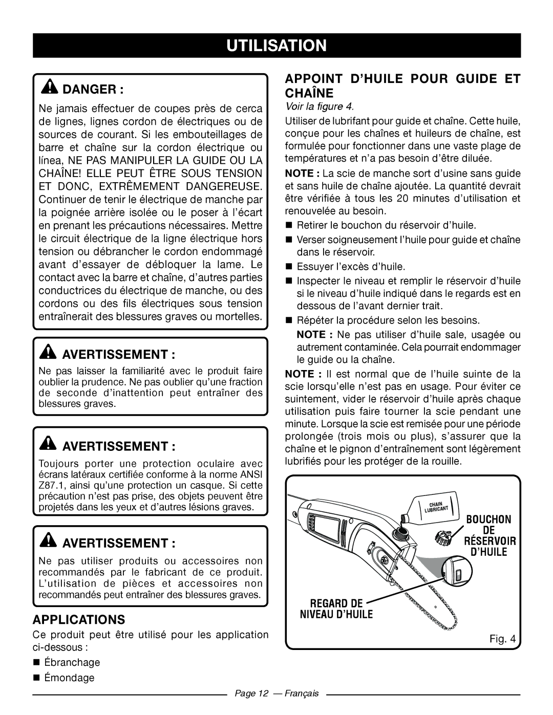 Ryobi RY 43160A manuel dutilisation Utilisation, Appoint D’HUILE Pour Guide ET Chaîne, Bouchon Réservoir ’HUILE 