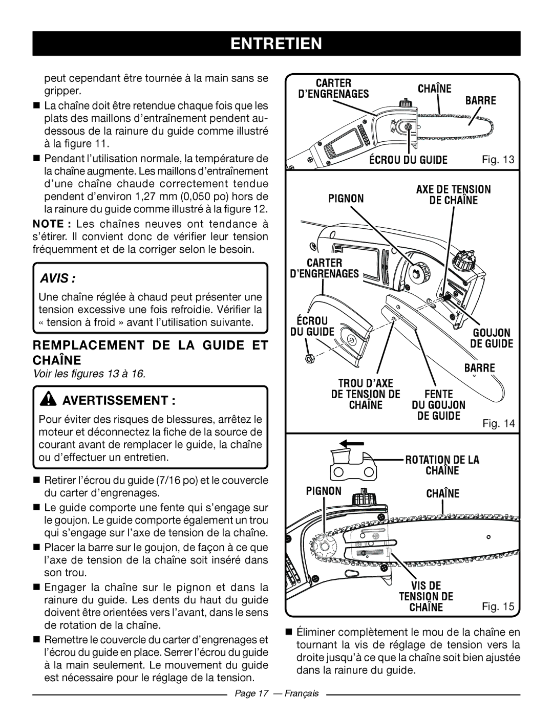 Ryobi RY 43160A manuel dutilisation Remplacement DE LA Guide ET Chaîne, Voir les figures 13 à 