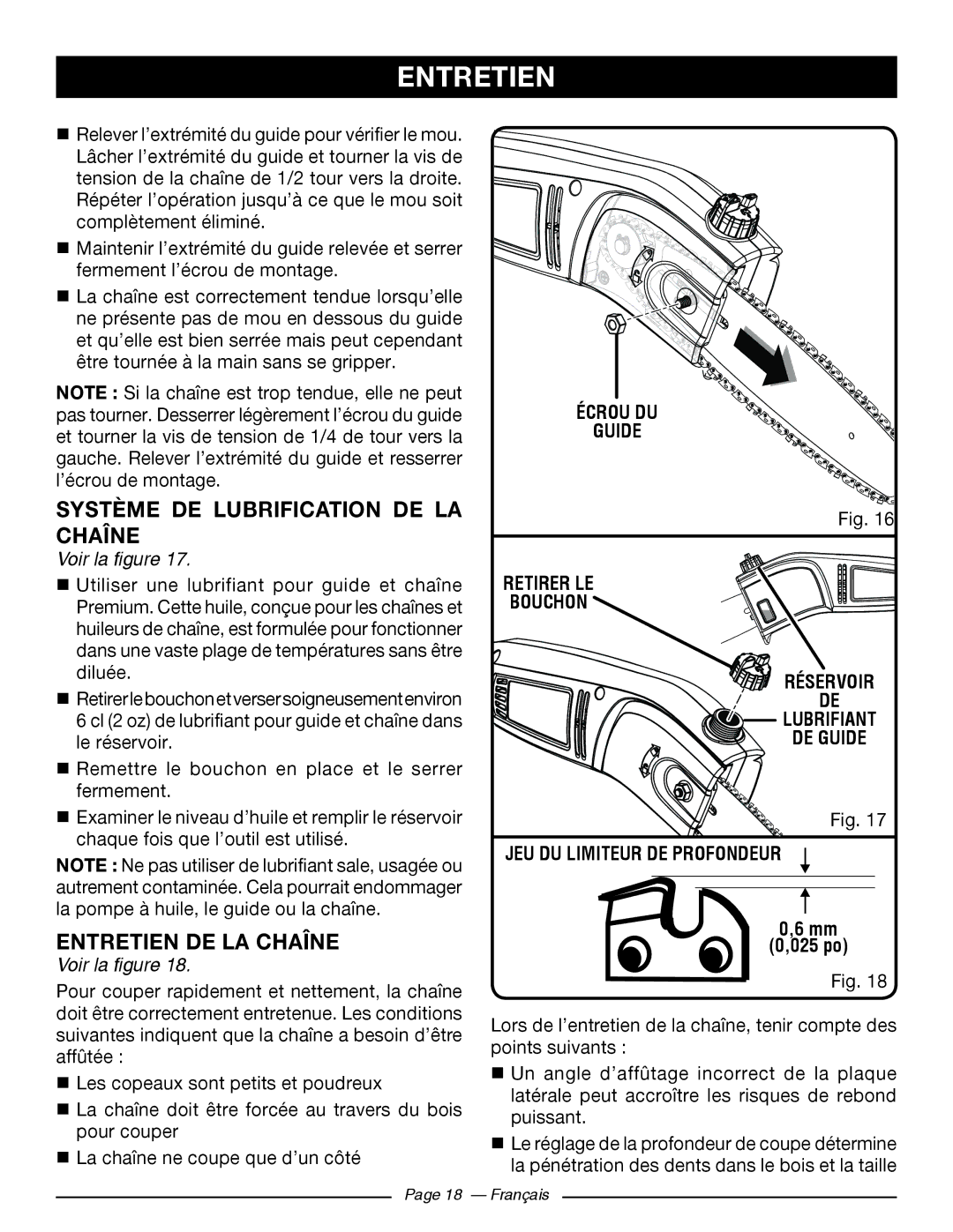 Ryobi RY 43160A manuel dutilisation Système DE Lubrification DE LA Chaîne, Entretien DE LA Chaîne, 025 po 