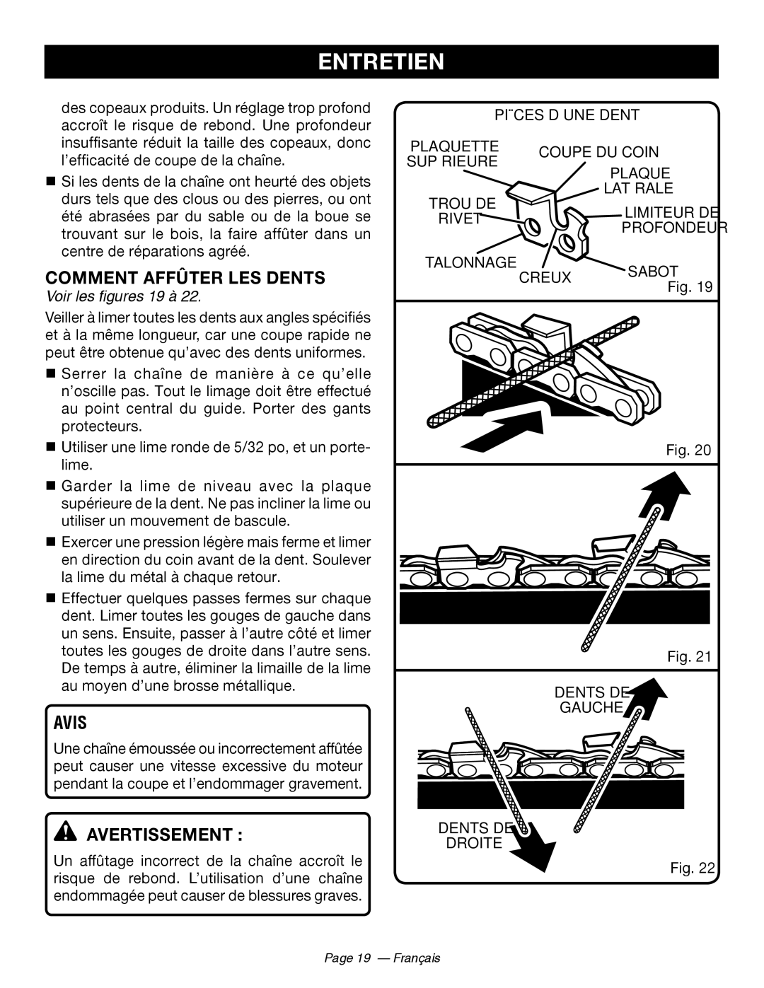 Ryobi RY 43160A manuel dutilisation Comment Affûter LES Dents, Voir les figures 19 à 