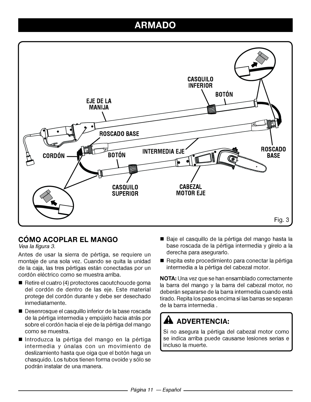 Ryobi RY 43160A manuel dutilisation Cómo Acoplar EL Mango 