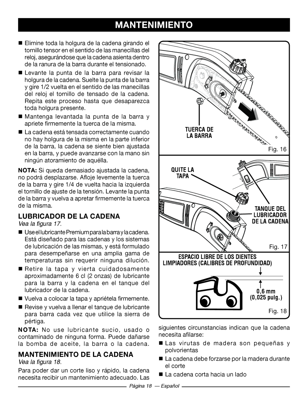 Ryobi RY 43160A manuel dutilisation Lubricador DE LA Cadena, Mantenimiento DE LA Cadena, Pulg 