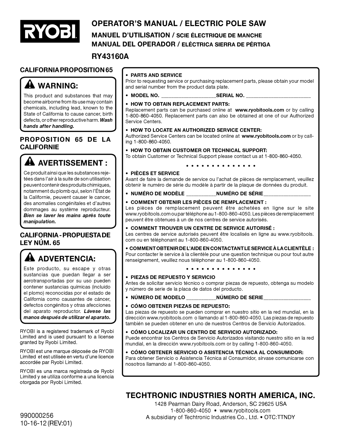 Ryobi RY 43160A OPERATOR’S Manual / Electric Pole SAW, Techtronic Industries North AMERICA, INC, California Proposition 