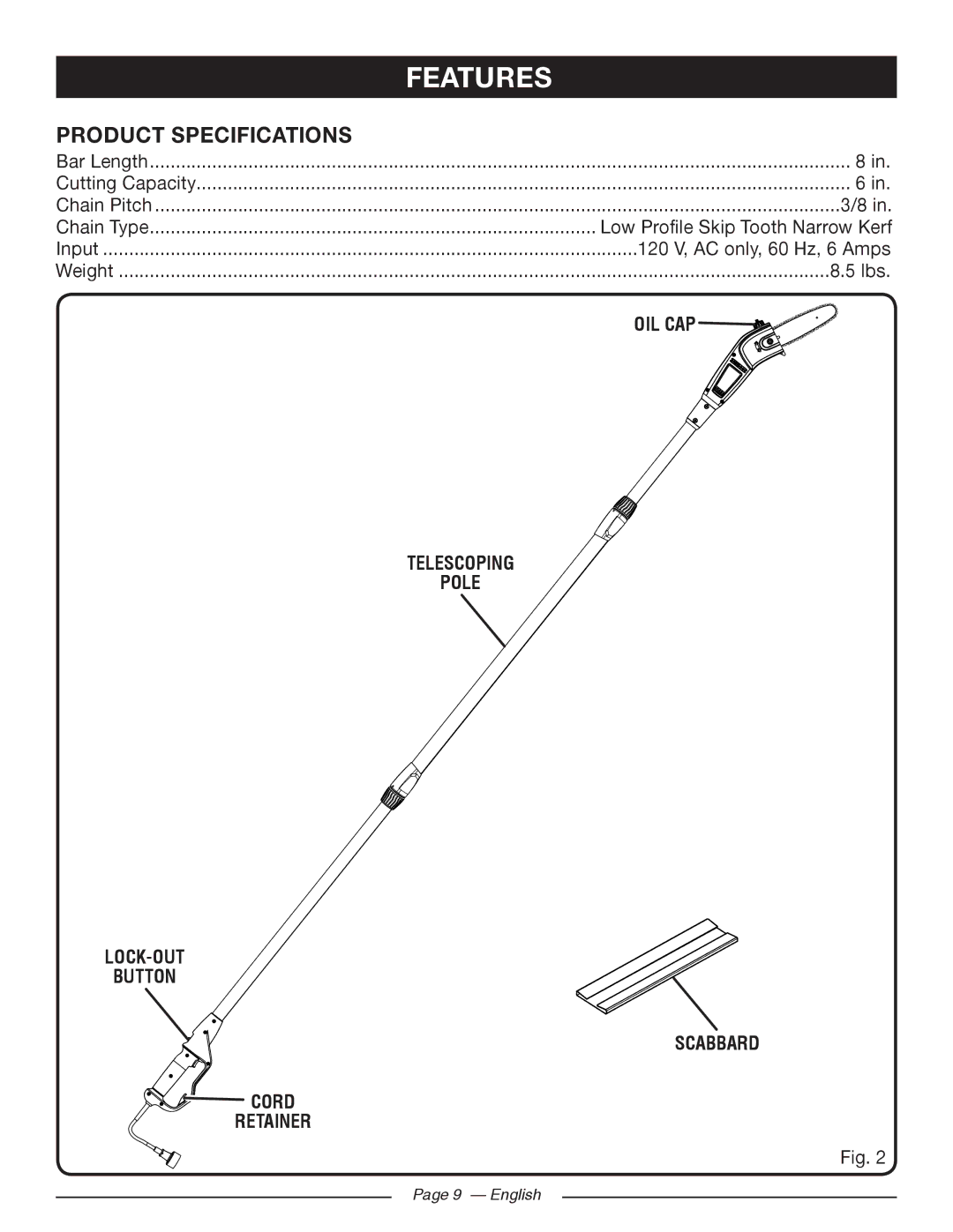 Ryobi RY 43160A Product Specifications, Oil Cap, Telescoping Pole LOCK-OUT Button Scabbard, Cord, Retainer 