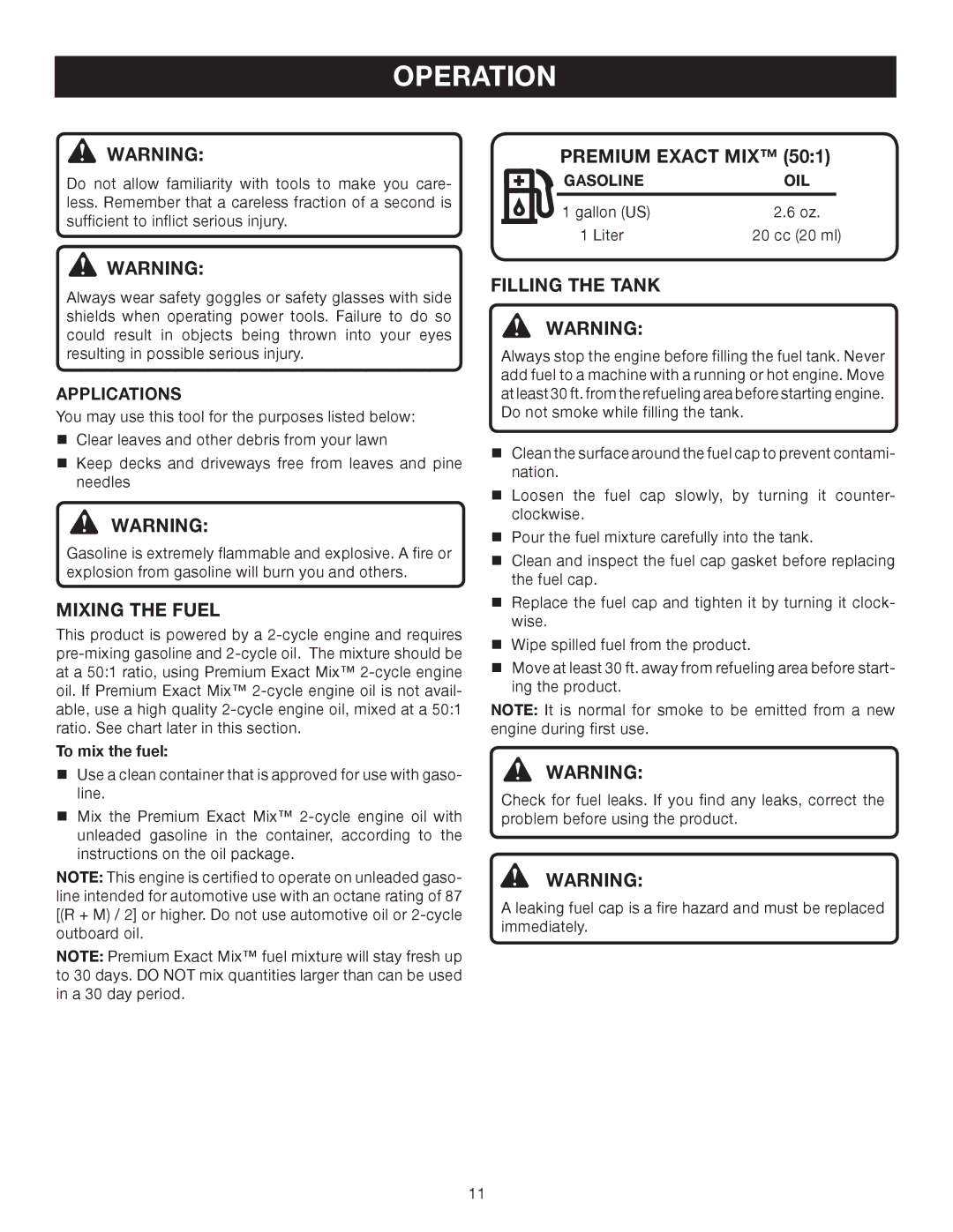 Ryobi RY08510 manual Operation, Mixing the Fuel, Premium Exact MIX, Filling the Tank, Applications 