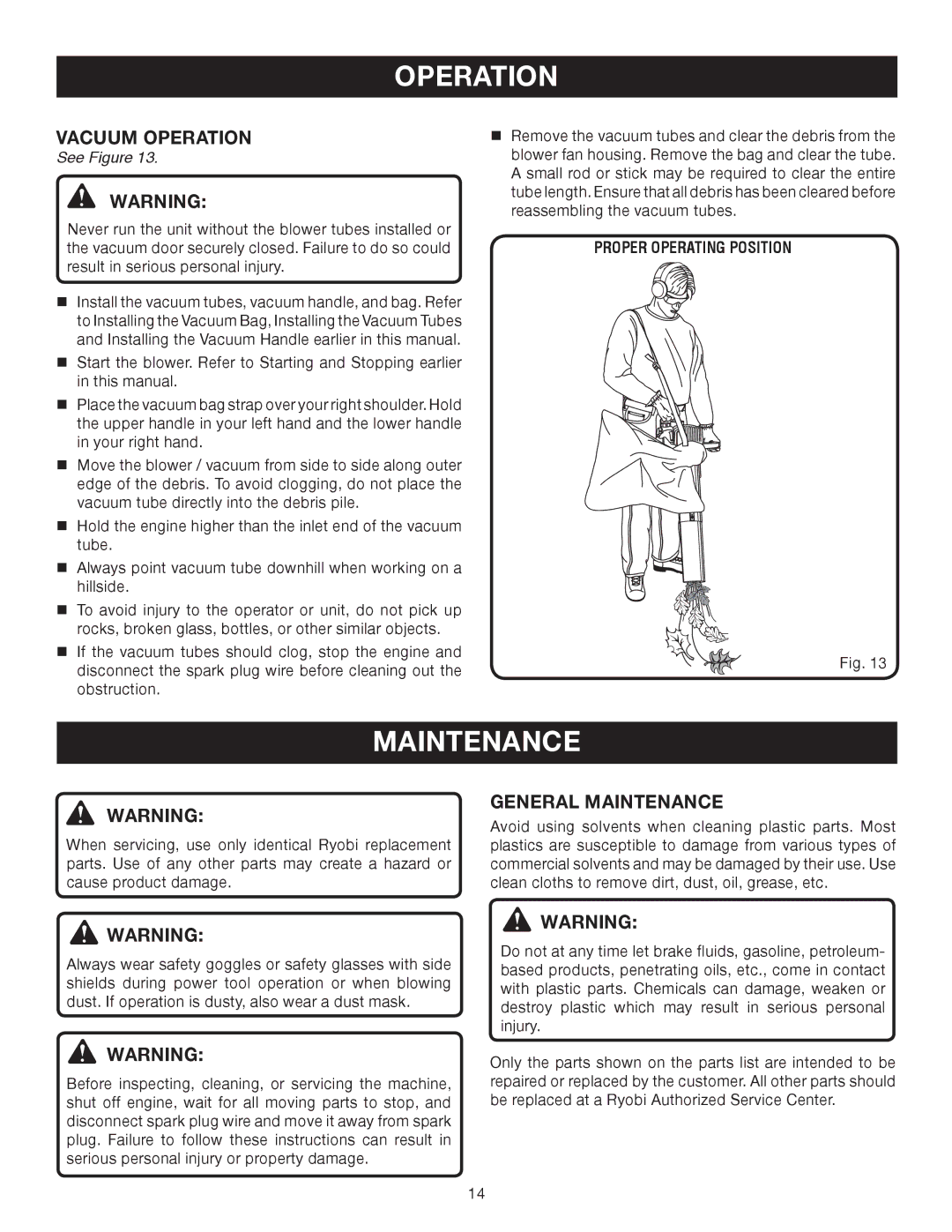 Ryobi RY08510 manual Vacuum Operation, General Maintenance 