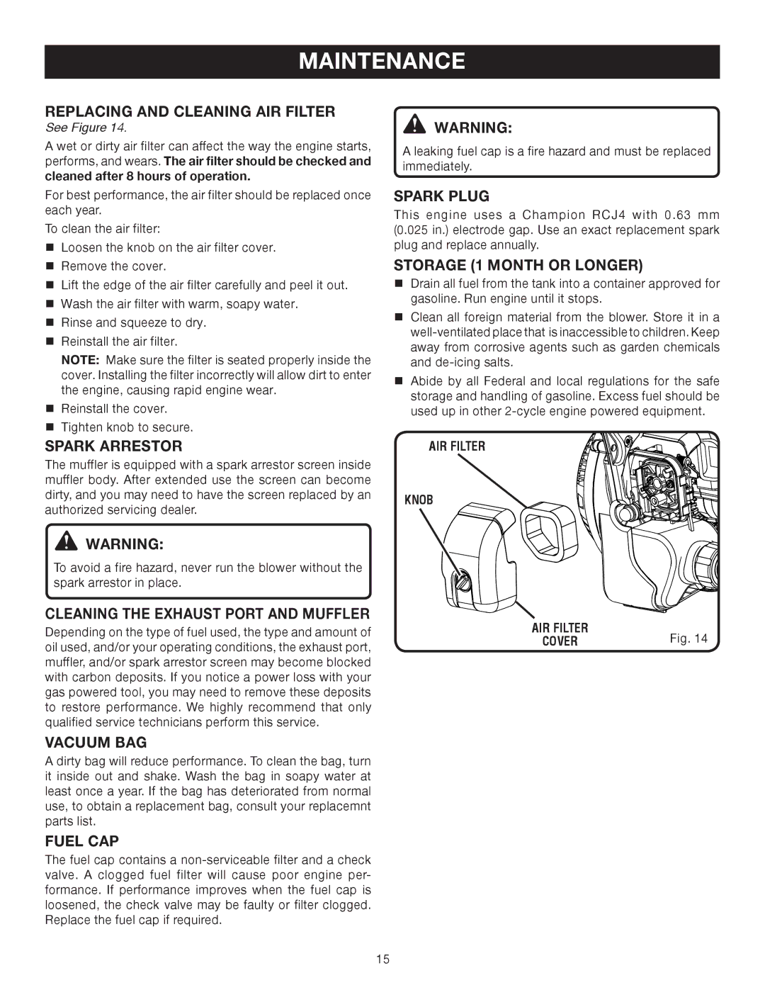 Ryobi RY08510 manual Replacing and Cleaning AIR Filter, Spark Arrestor, Vacuum BAG, Fuel CAP, Spark Plug 