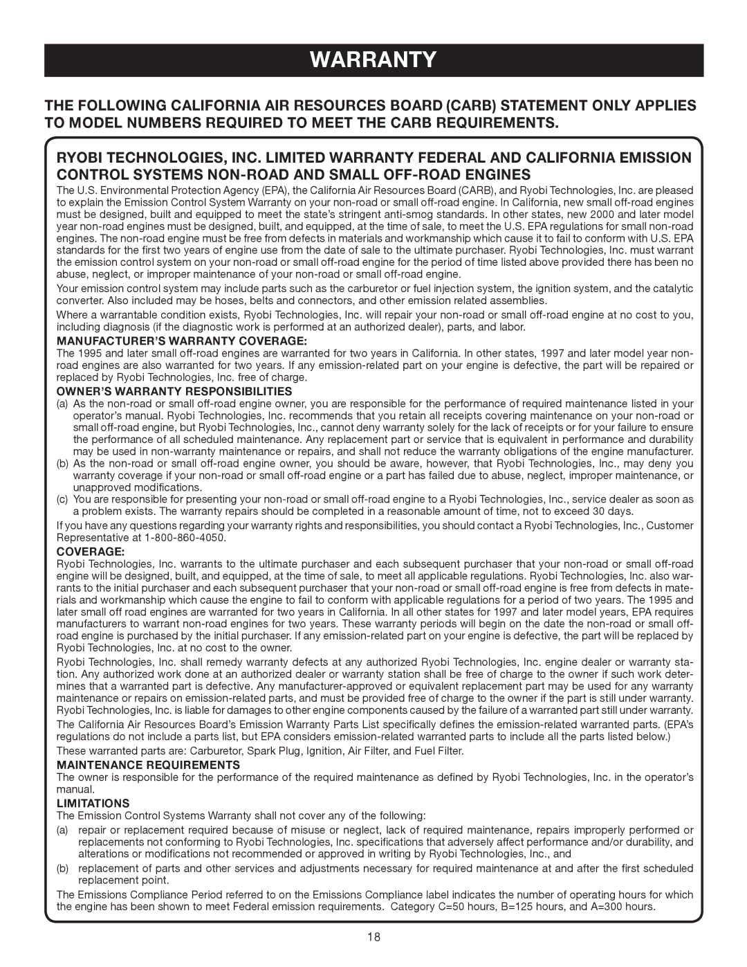 Ryobi RY08510 MANUFACTURER’S Warranty Coverage, OWNER’S Warranty Responsibilities, Maintenance Requirements, Limitations 