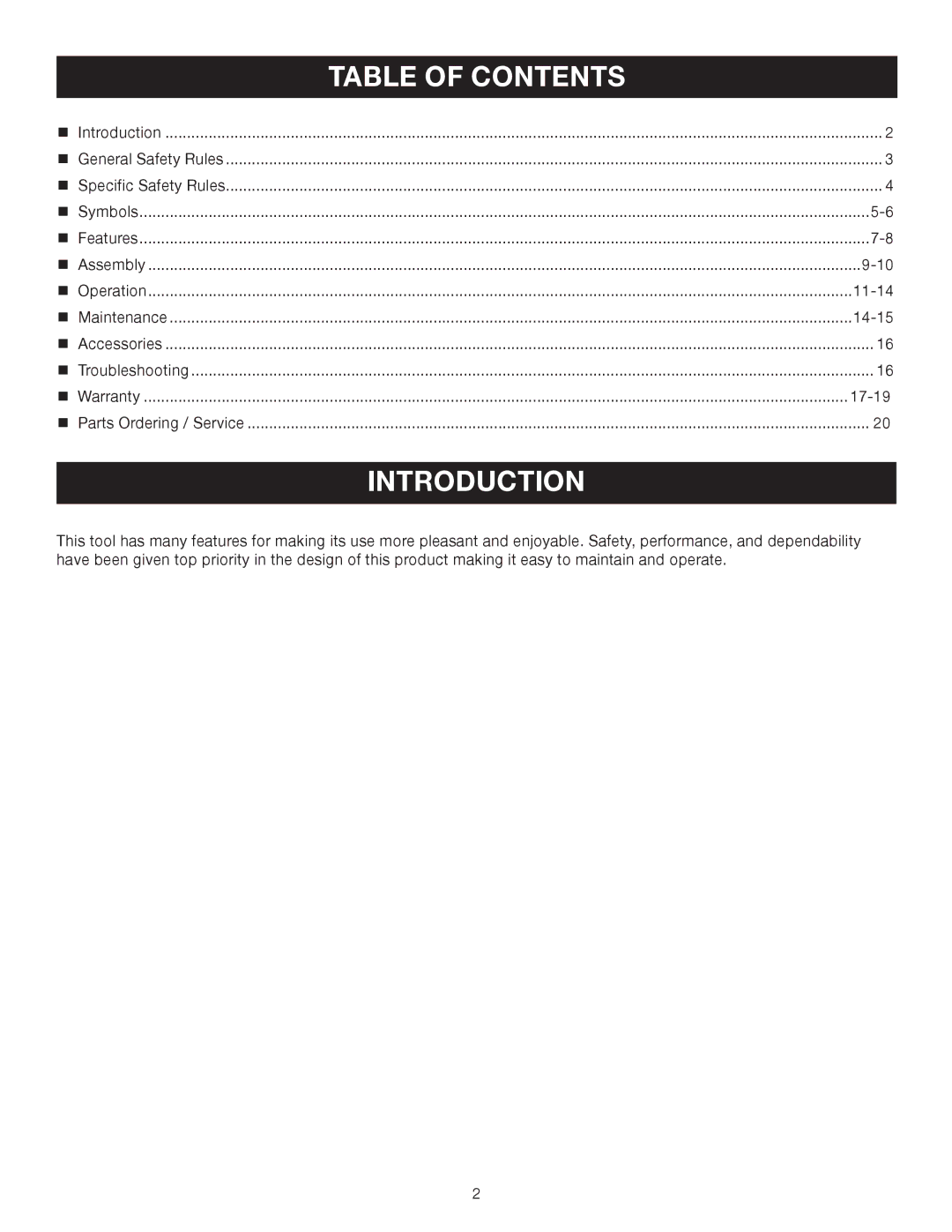 Ryobi RY08510 manual Introduction, Table of Contents 