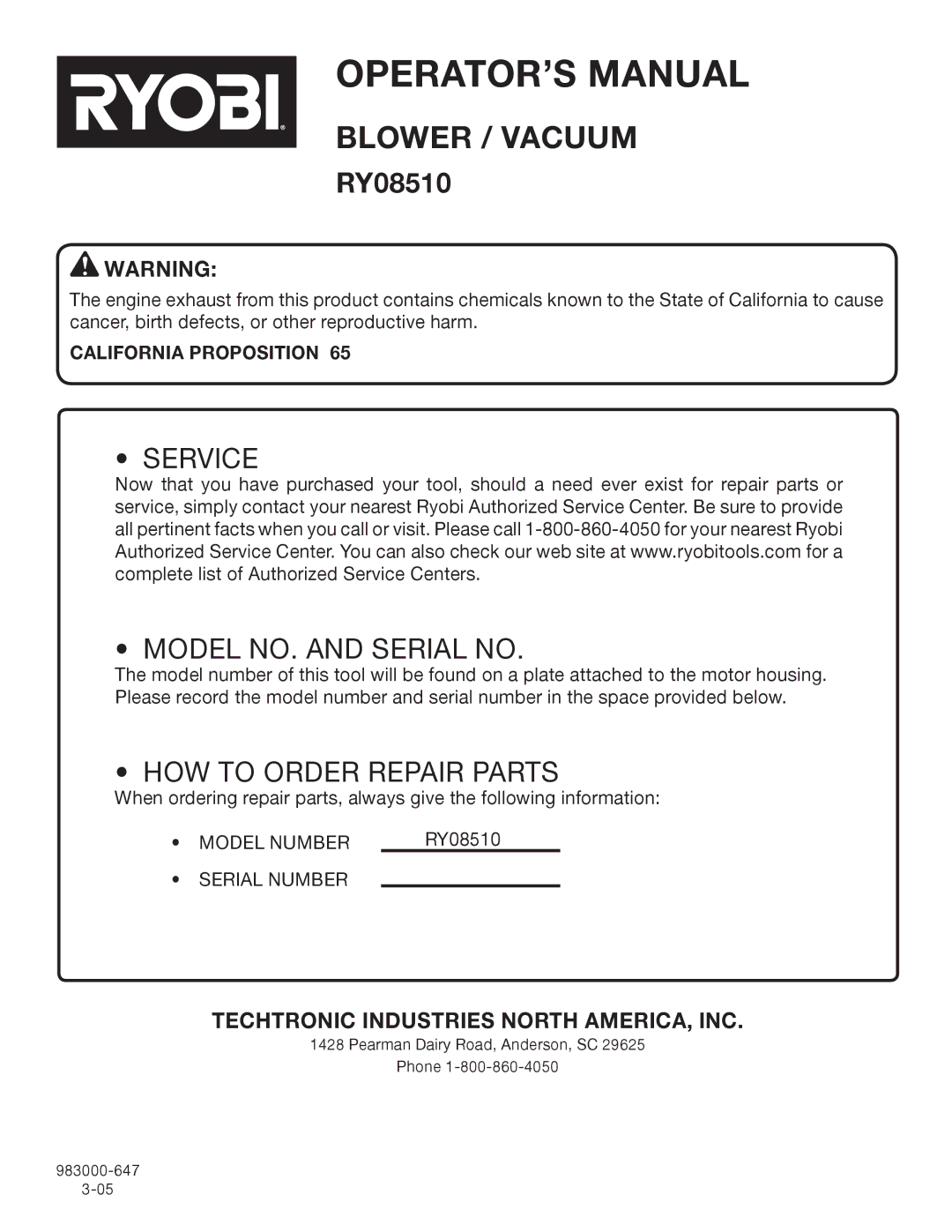 Ryobi RY08510 manual Service Model NO. and Serial no, California Proposition 