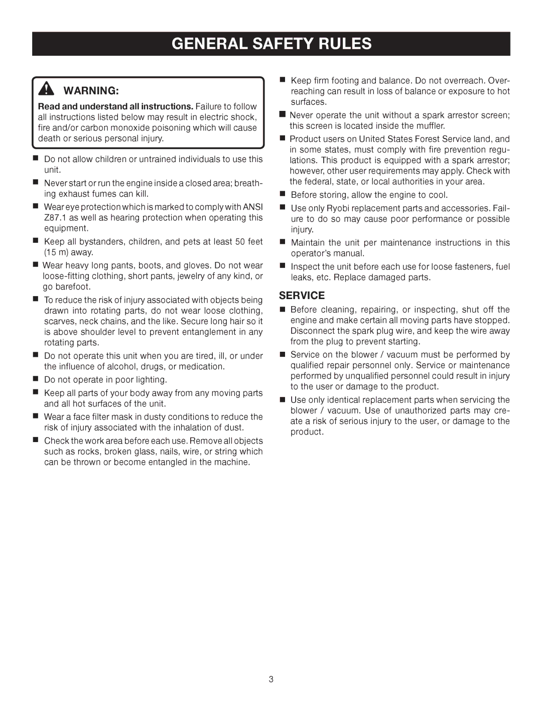 Ryobi RY08510 manual General Safety Rules, Service 