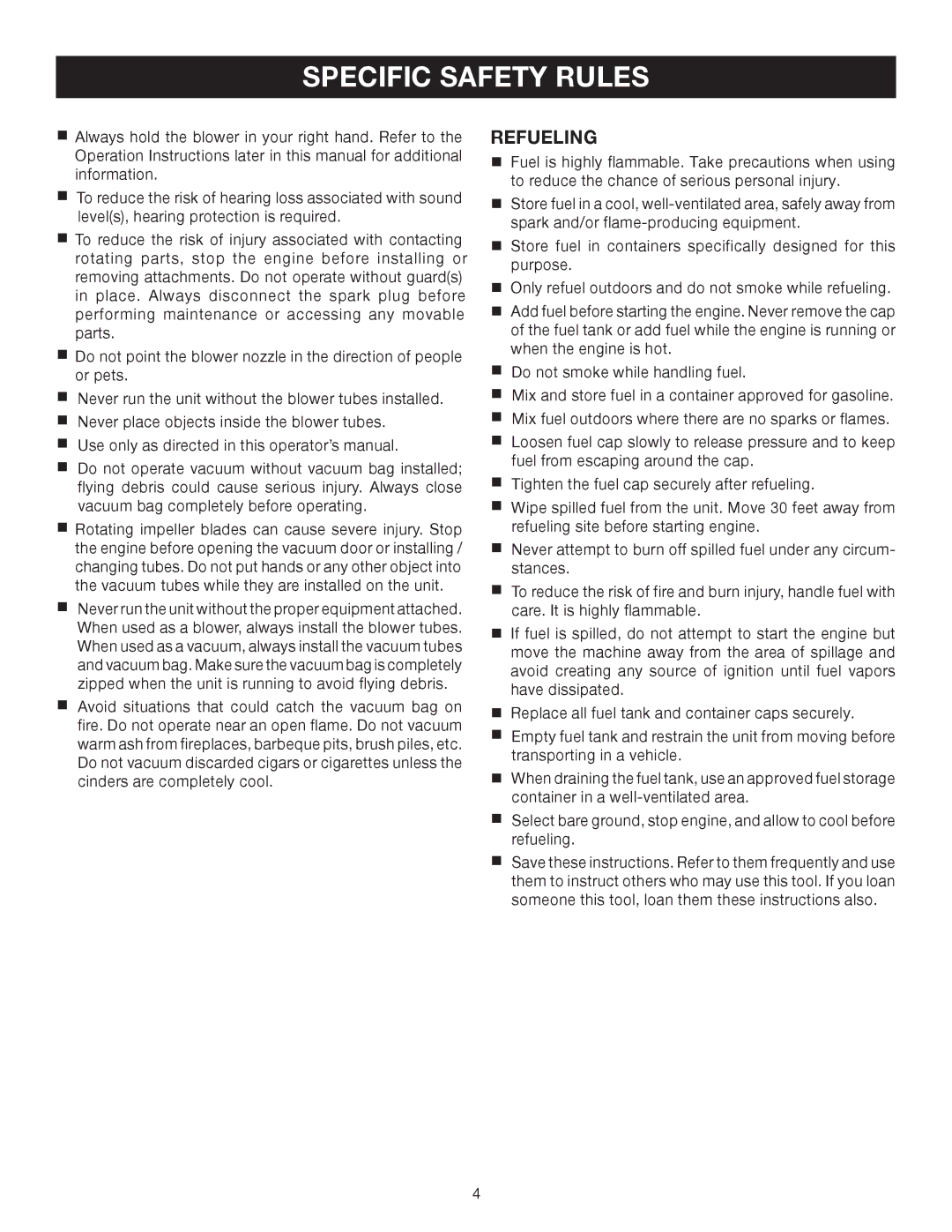 Ryobi RY08510 manual Specific Safety Rules, Refueling 