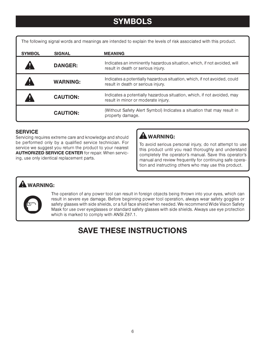 Ryobi RY08510 manual Service, Symbol Signal Meaning 