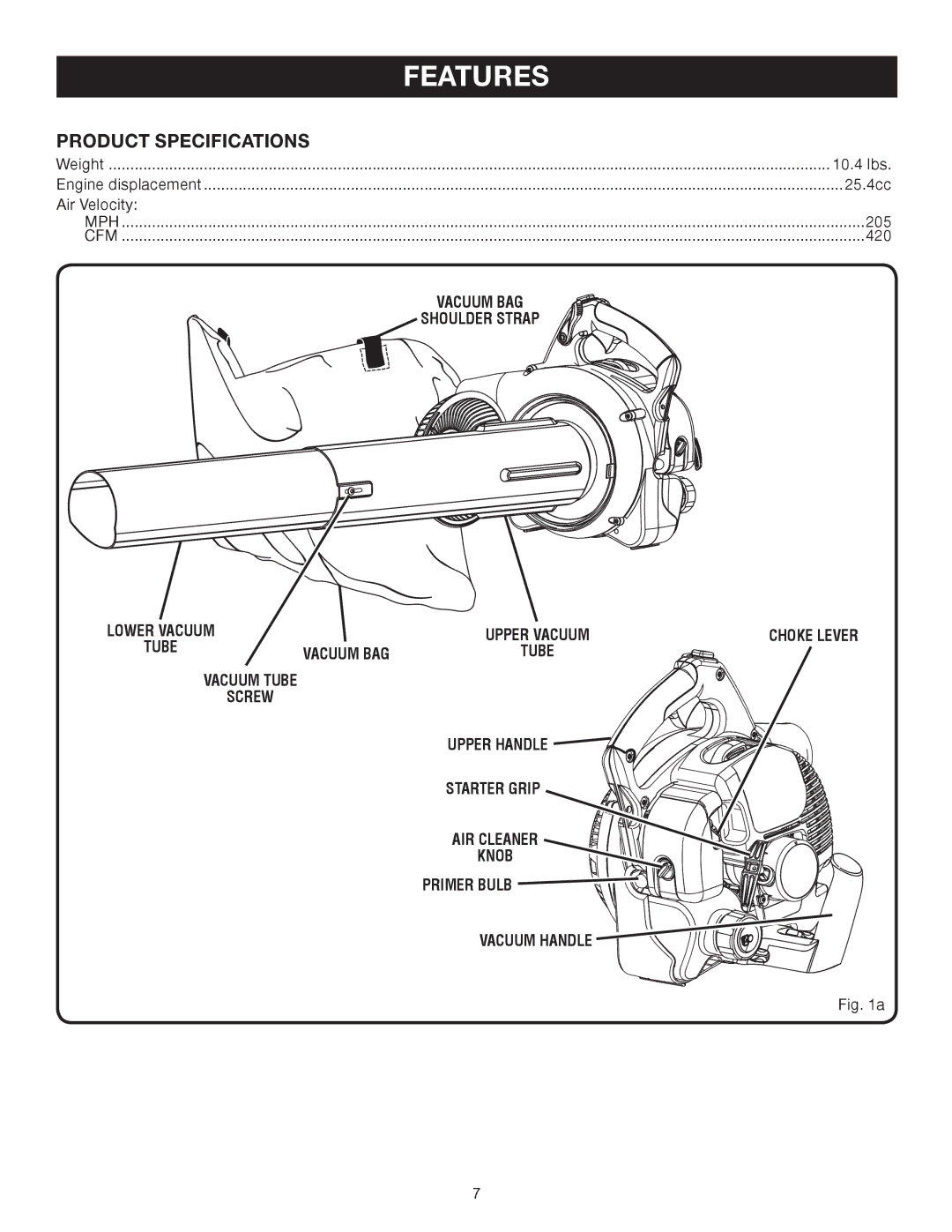 Ryobi RY08510 manual Product Specifications, Vacuum BAG, Vacuum Tube Screw, Starter Grip AIR Cleaner Knob, Vacuum Handle 