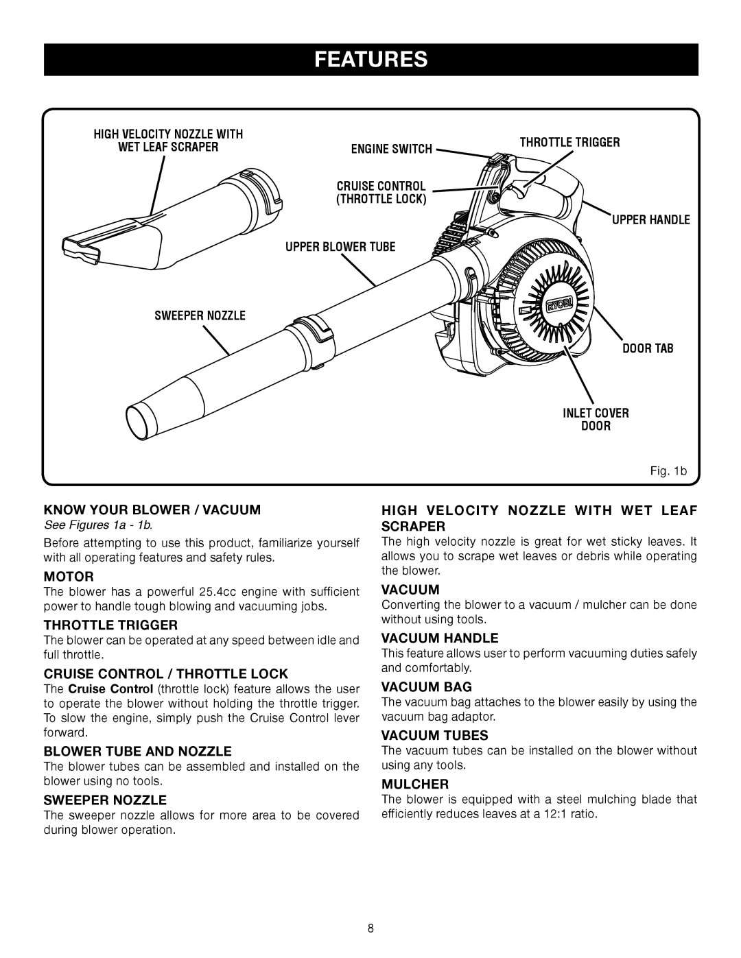 Ryobi RY08510 manual Features 