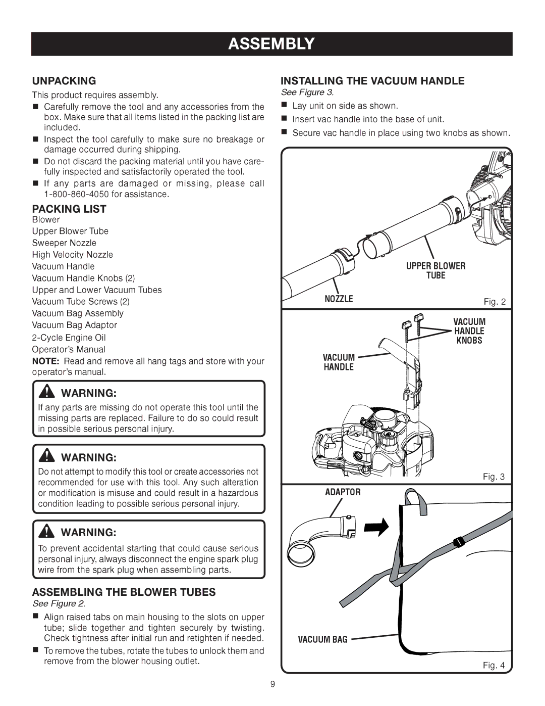 Ryobi RY08510 manual Assembly, Unpacking, Packing List, Assembling the Blower Tubes, Installing the Vacuum Handle 