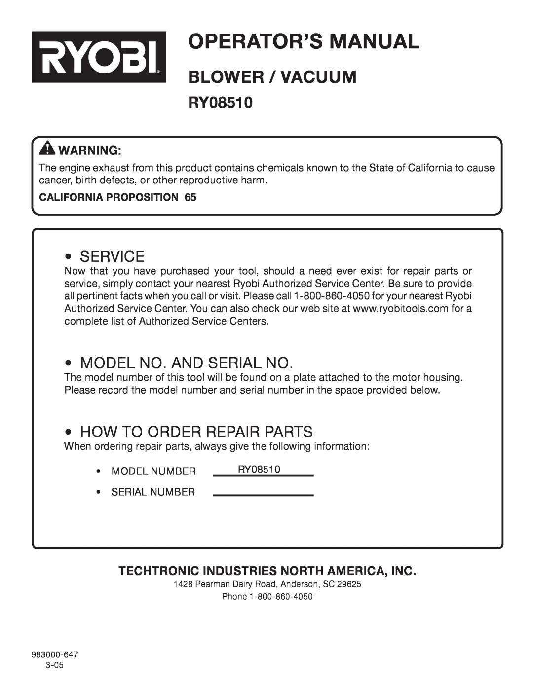 Ryobi RY08510 manual Operator’S Manual, Blower / Vacuum, Service, Model No. And Serial No, How To Order Repair Parts 