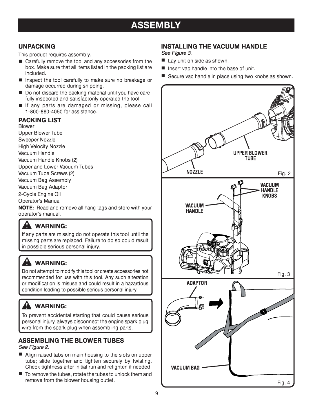 Ryobi RY08510 Assembly, Unpacking, Packing List, Assembling The Blower Tubes, Installing The Vacuum Handle, See Figure 