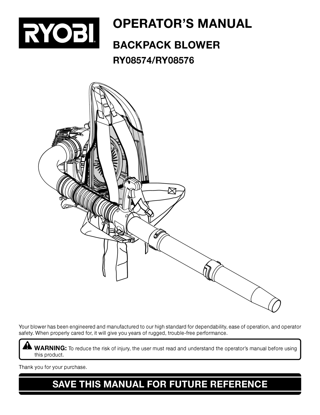 Ryobi RY08576 manual OPERATOR’S Manual, Save this Manual for Future Reference 