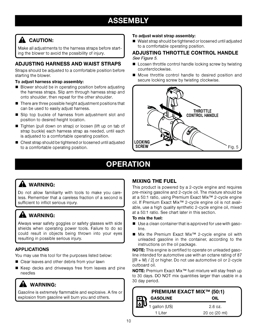 Ryobi RY08576 manual Operation, Adjusting Harness and Waist Straps, Adjusting Throttle Control Handle, Mixing the Fuel 