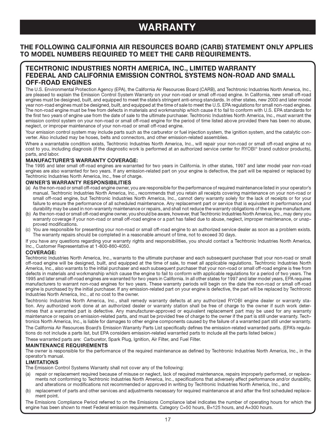 Ryobi RY08576 MANUFACTURER’S Warranty Coverage, OWNER’S Warranty Responsibilities, Maintenance Requirements, Limitations 