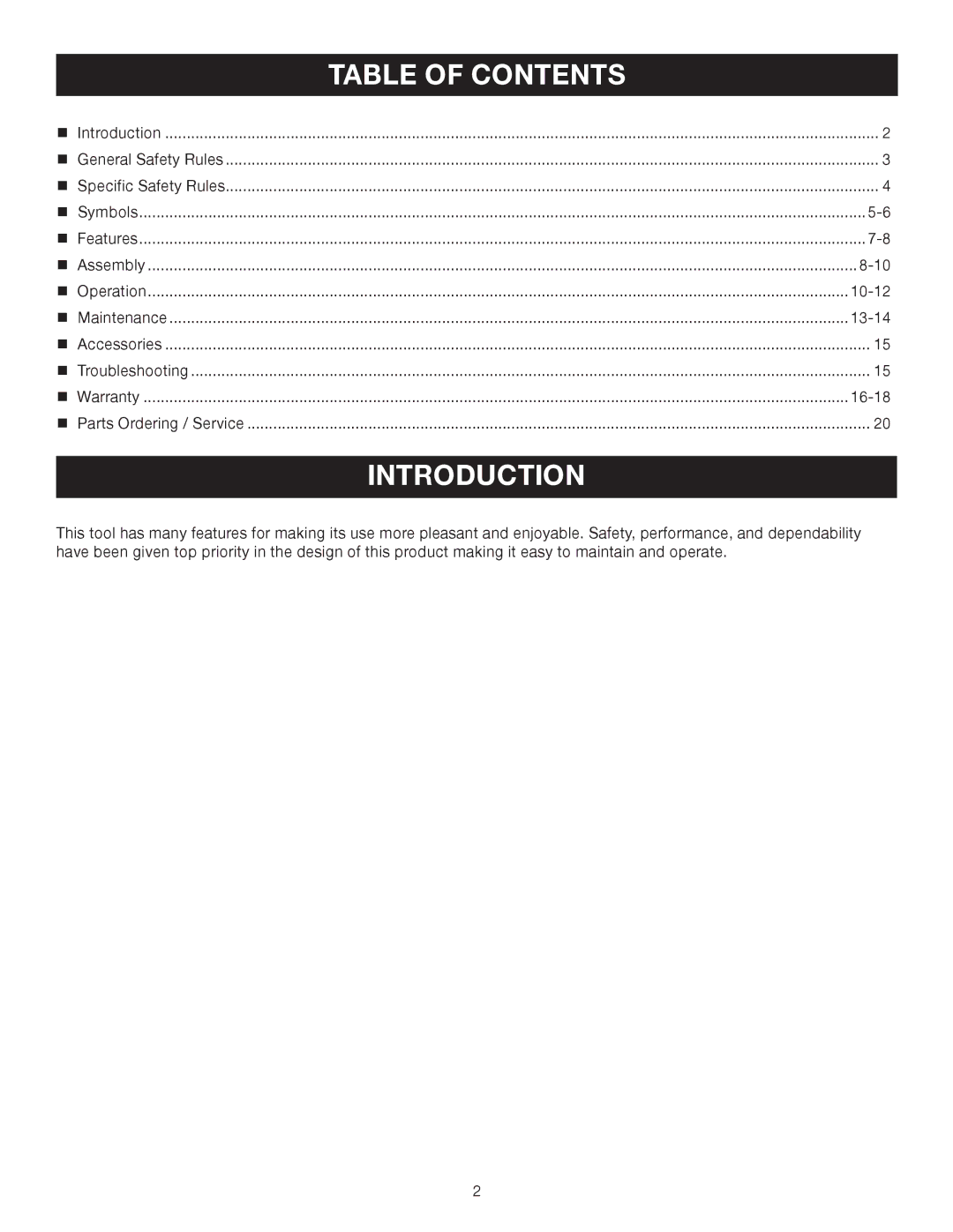 Ryobi RY08576 manual Introduction, Table of Contents 