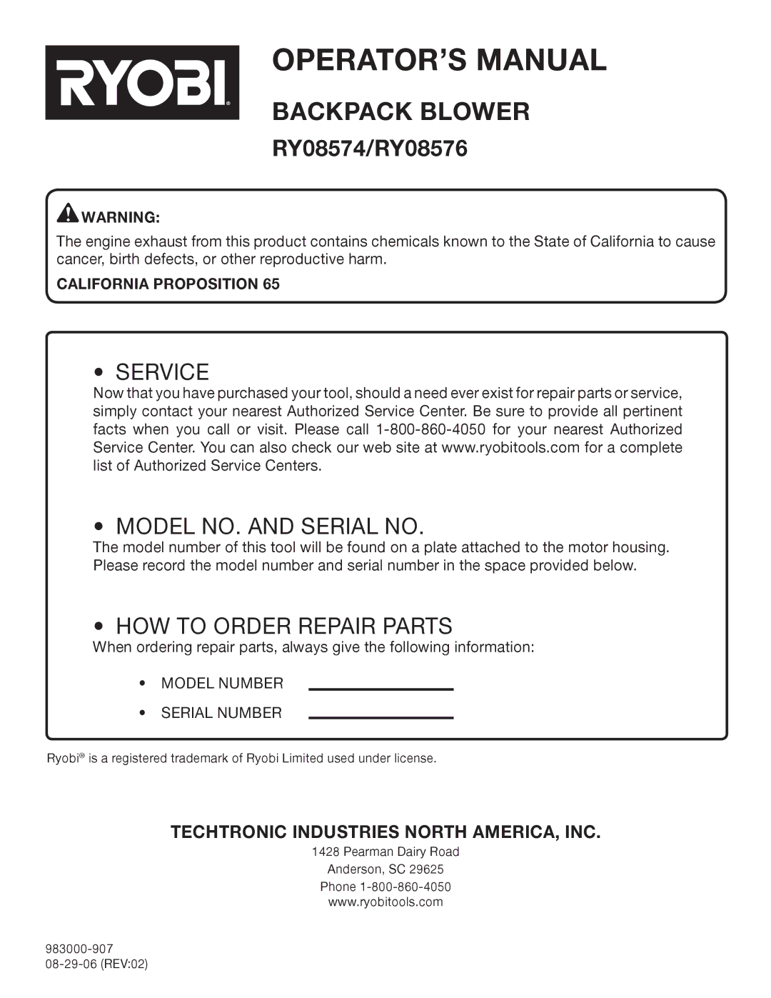 Ryobi RY08576 manual Service Model NO. and Serial no, California Proposition 